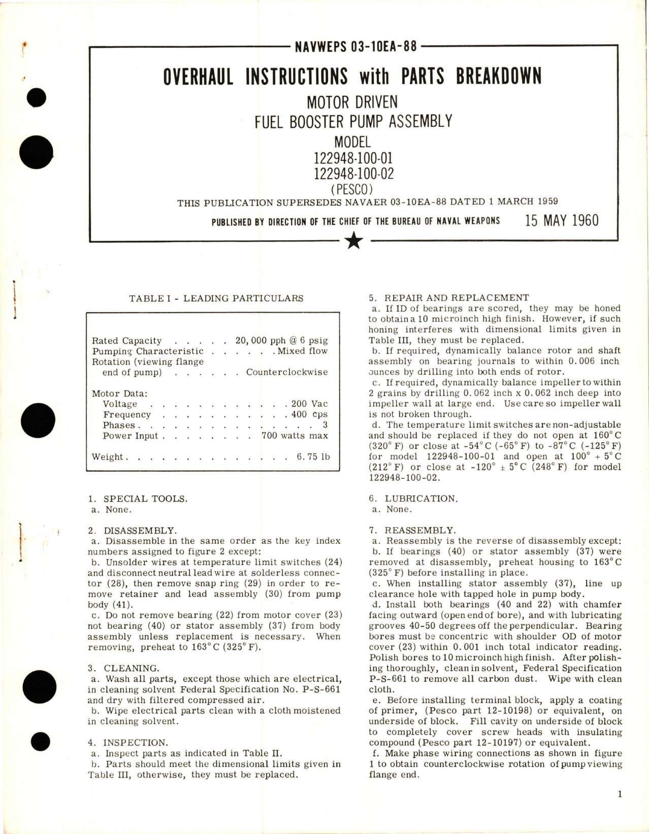 Sample page 1 from AirCorps Library document: Overhaul Instructions with Parts Breakdown for Motor Driven Fuel Booster Pump Assembly - Model 122948-100-01 and 122948-100-02