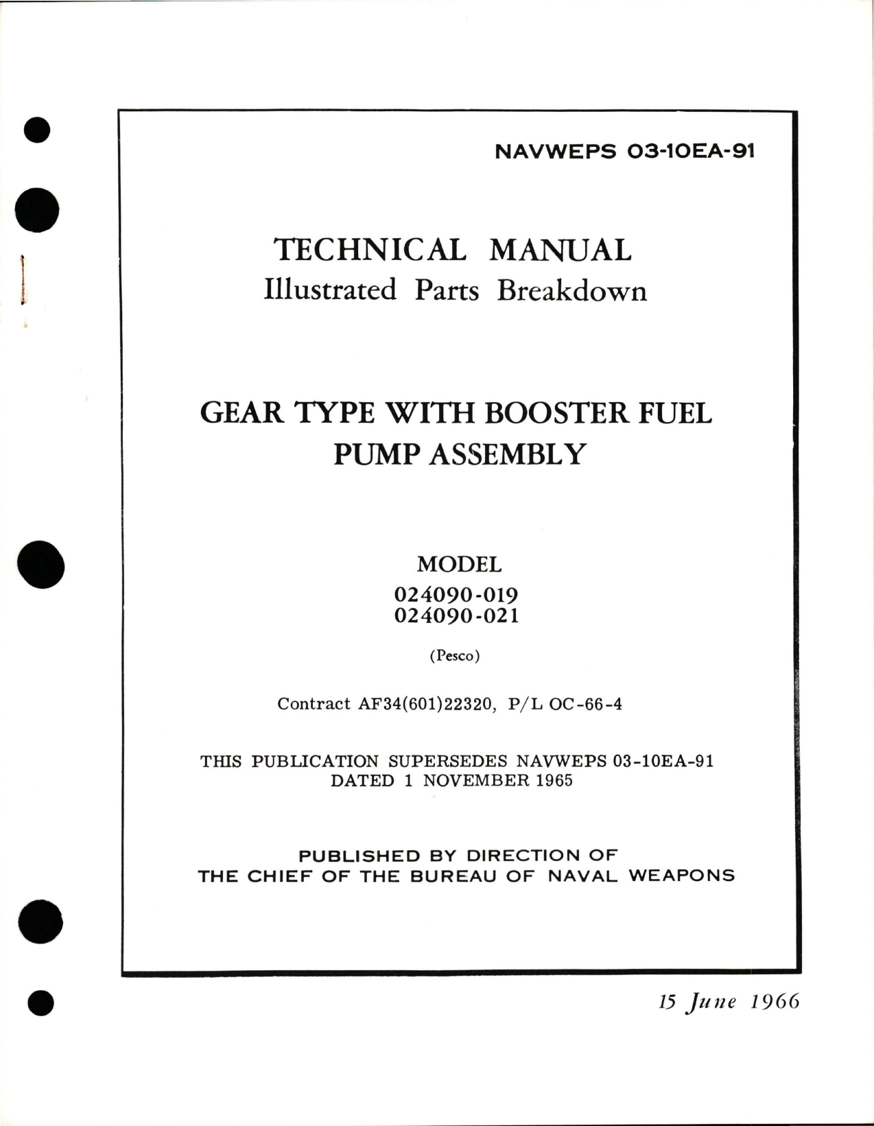 Sample page 1 from AirCorps Library document: Illustrated Parts Breakdown for Gear Type with Booster Fuel Pump Assembly - Models 024090-019 and 024090-021