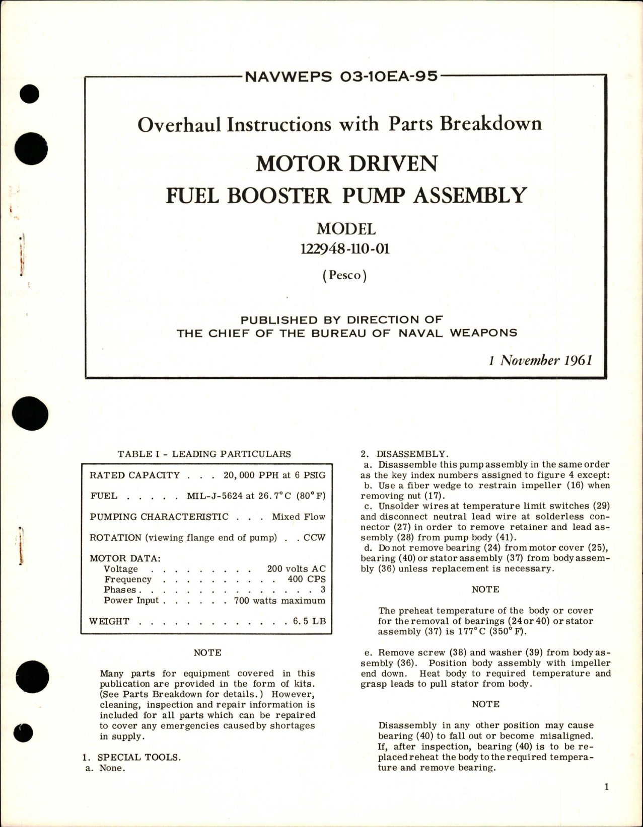 Sample page 1 from AirCorps Library document: Overhaul Instructions with Parts for Motor Driven Fuel Booster Pump Assembly - Model 122948-110-01 