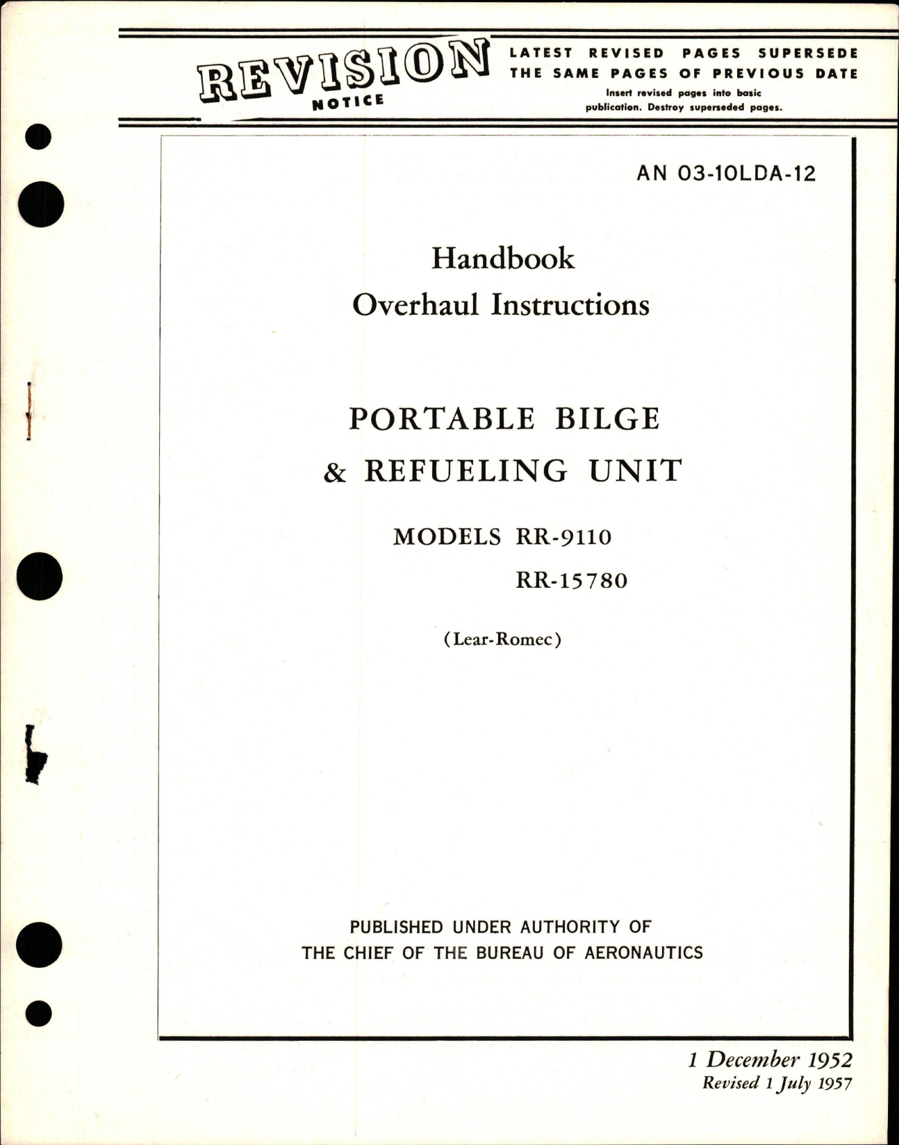 Sample page 1 from AirCorps Library document: Overhaul Instructions for Portable Bilge & Refueling Unit - Model RR-9110 and RR-15780