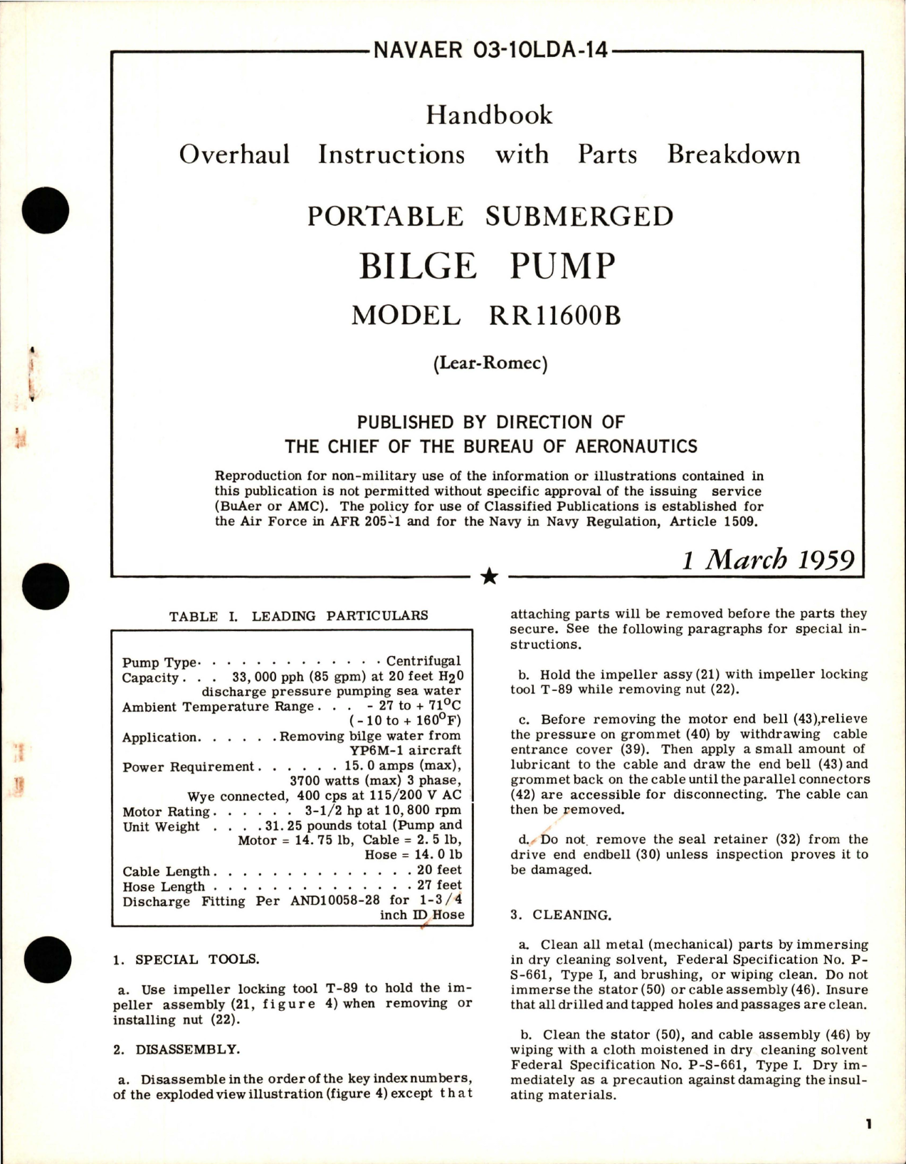 Sample page 1 from AirCorps Library document: Overhaul Instructions with Parts Breakdown for Portable Submerged Bilge Pump - Model RR11600B