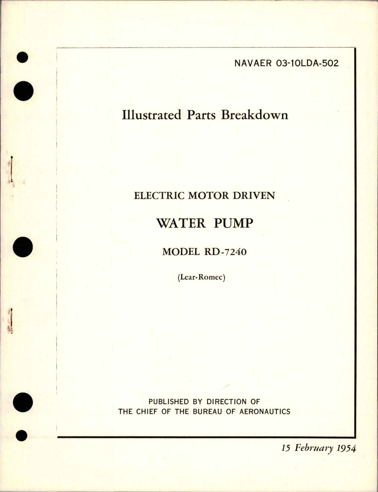 Sample page 1 from AirCorps Library document: Illustrated Parts Breakdown for Electric Motor Driven Water Pump - Model RD-7240