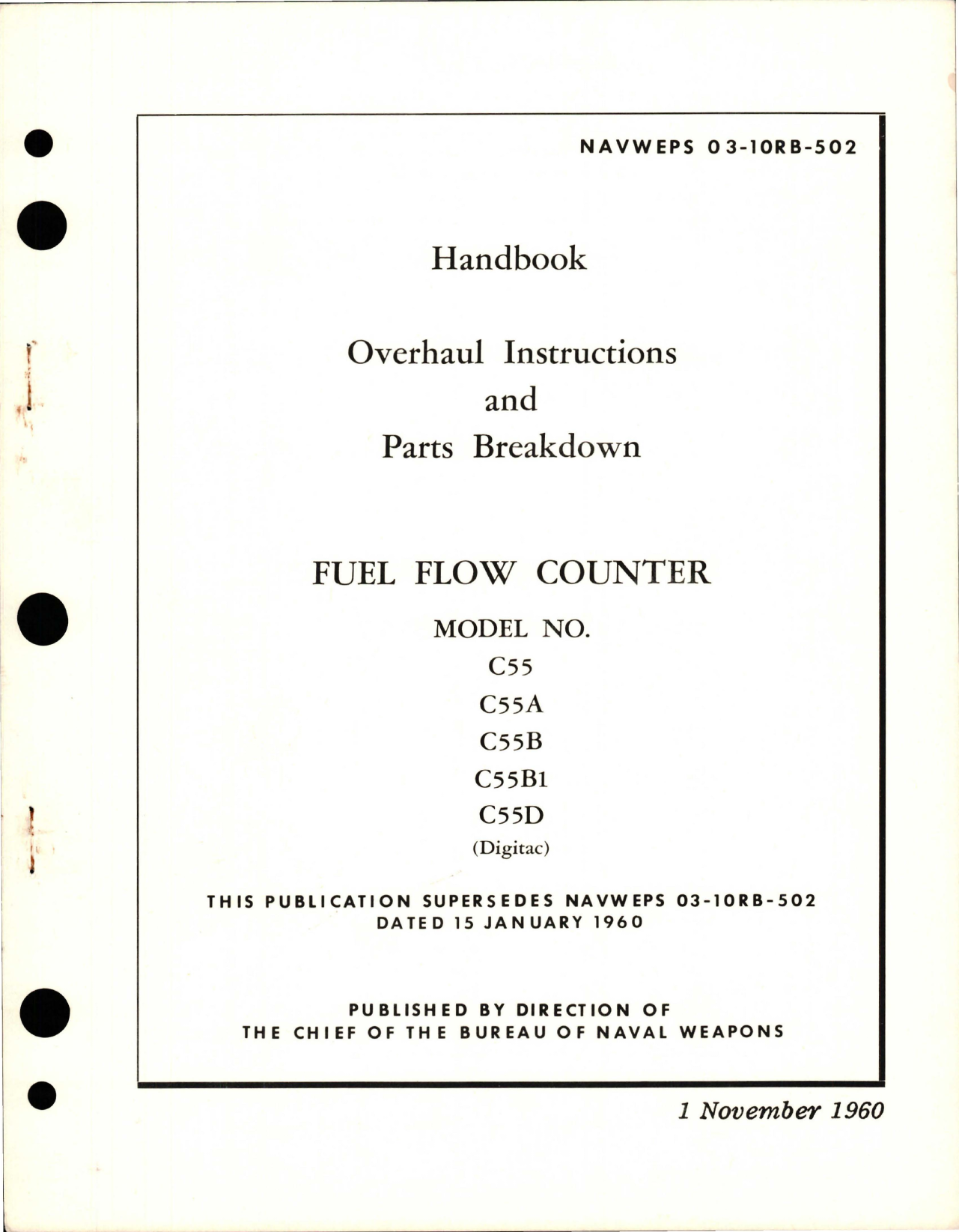 Sample page 1 from AirCorps Library document: Overhaul Instructions with Parts Breakdown for Fuel Flow Counter - Models C55, C55A, C55B, C55B1 and C55D