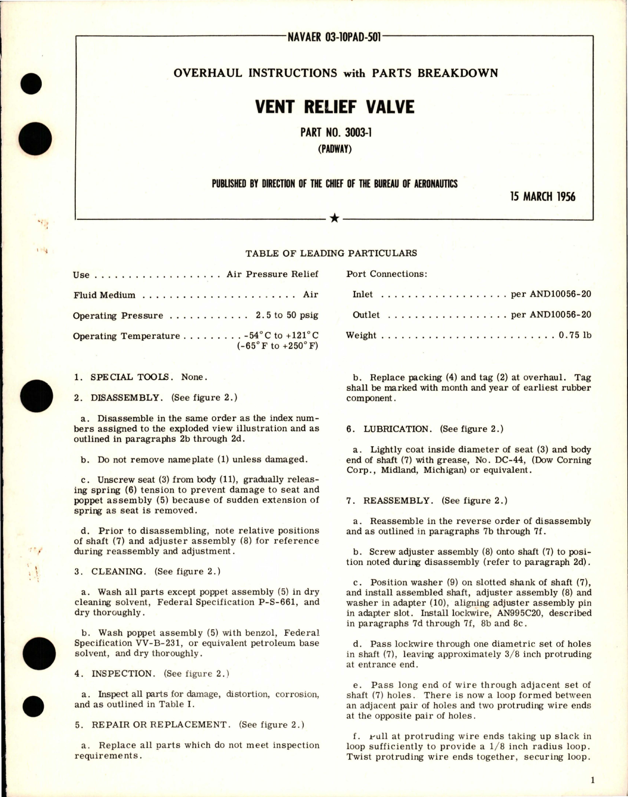 Sample page 1 from AirCorps Library document: Overhaul Instructions with Parts Breakdown for Vent Relief Valve - Part 3003-1
