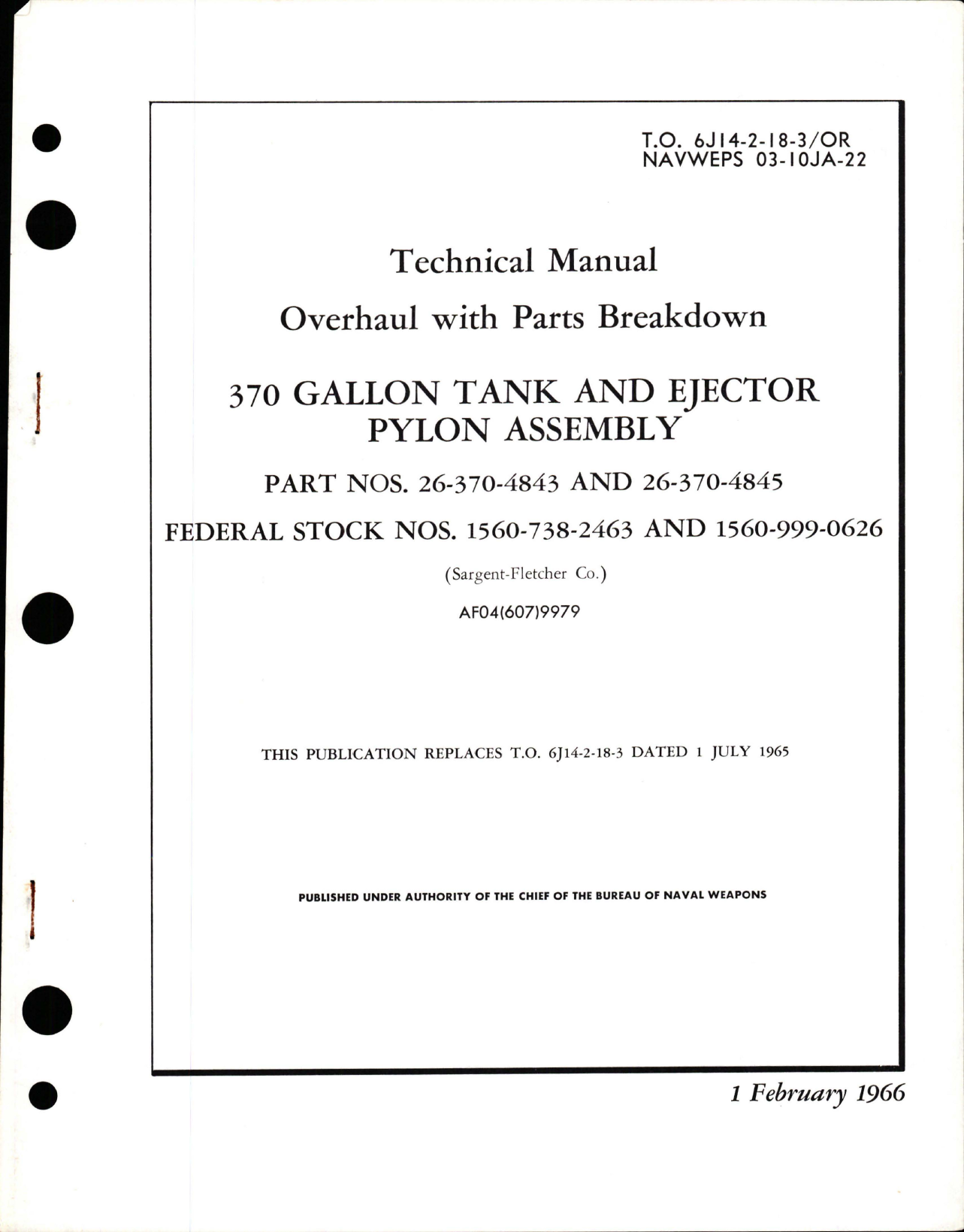 Sample page 1 from AirCorps Library document: Overhaul with Parts Breakdown for Tank and Ejector Pylon Assembly - 370 Gallon - Parts 26-370-4843 and 26-370-4845