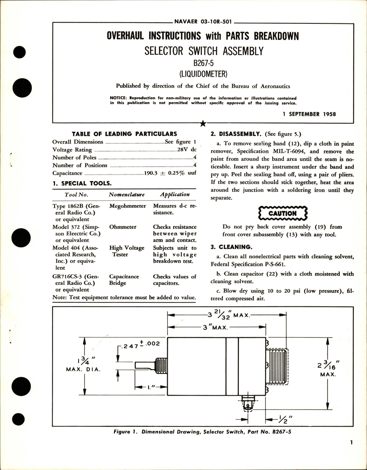 Sample page 1 from AirCorps Library document: Overhaul Instructions with Parts Breakdown for Selector Switch Assembly - B267-5 