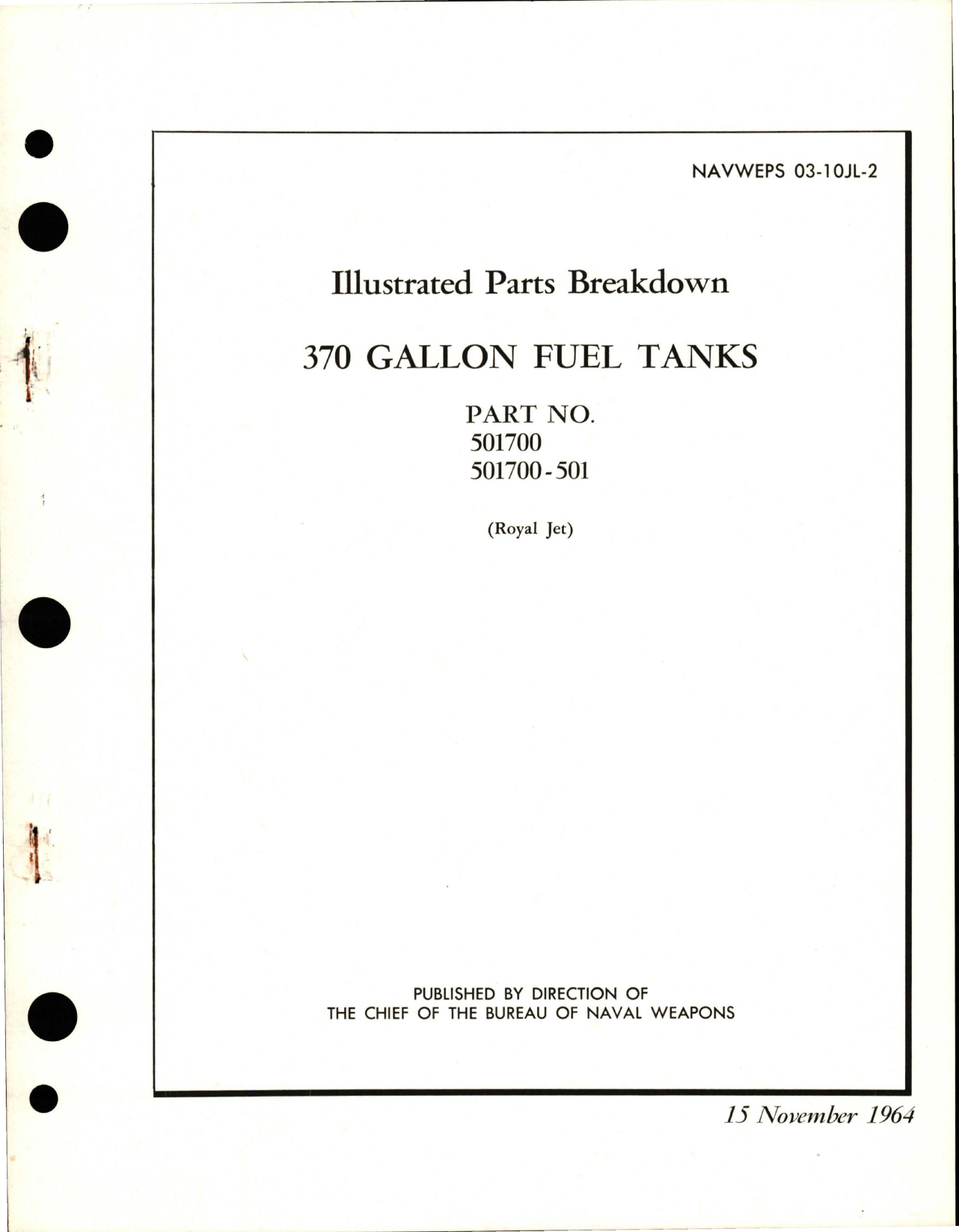 Sample page 1 from AirCorps Library document: Illustrated Parts Breakdown for Fuel Tanks - 370 Gallon - Parts 507100 and 501700-501