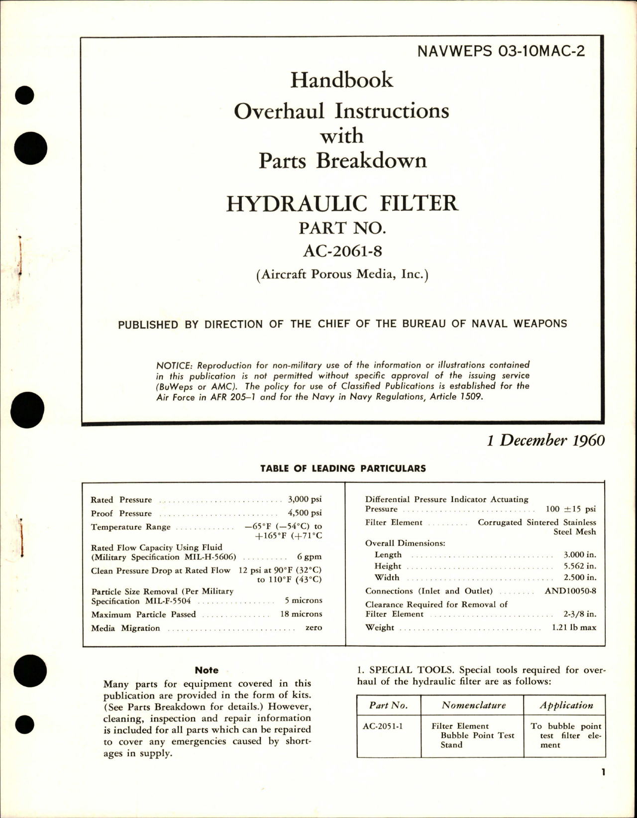 Sample page 1 from AirCorps Library document: Overhaul Instructions with Parts Breakdown for Hydraulic Filter - Part AC-2061-8 