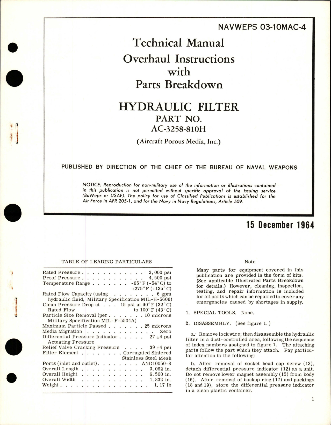 Sample page 1 from AirCorps Library document: Overhaul Instructions with Parts Breakdown for Hydraulic Filter - Part AC-3258-810H 