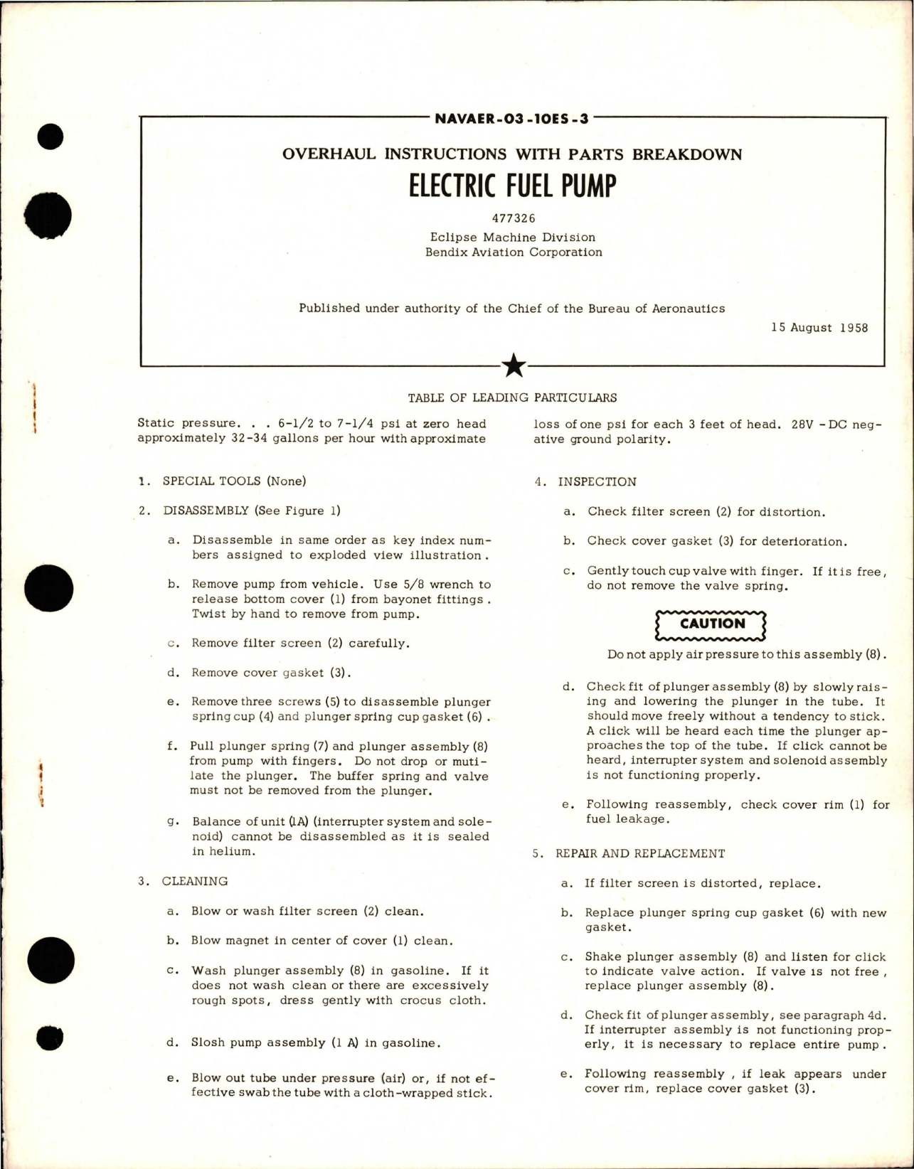 Sample page 1 from AirCorps Library document: Overhaul Instructions with Parts Breakdown for Electric Fuel Pump - 477326