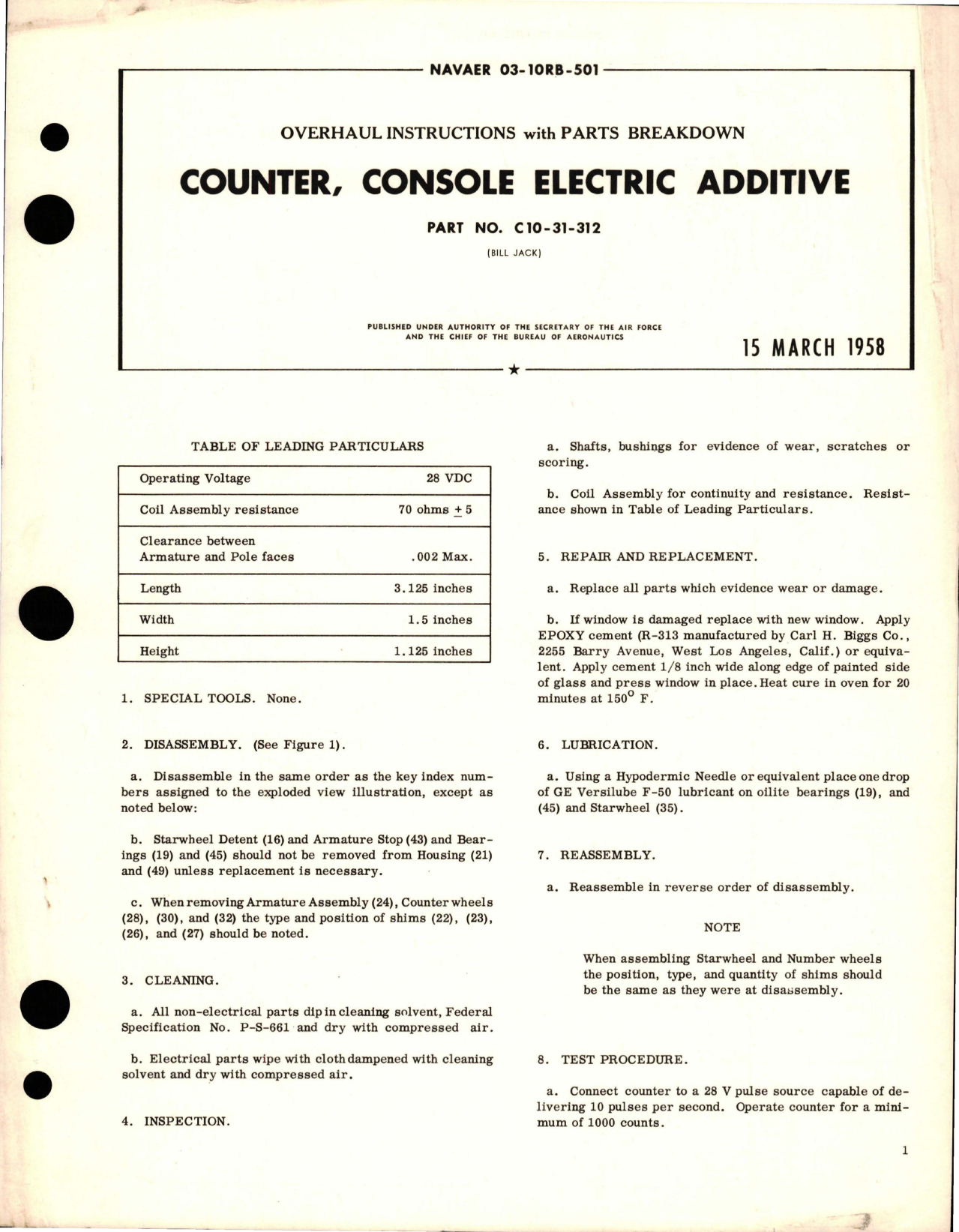 Sample page 1 from AirCorps Library document: Overhaul Instructions with Parts Breakdown for Console Electric Additive Counter - Part C10-31-312