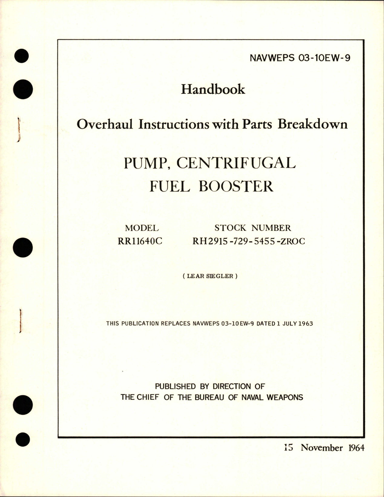 Sample page 1 from AirCorps Library document: Overhaul Instructions with Parts for Centrifugal Fuel Booster Pump - Model RR11640C 