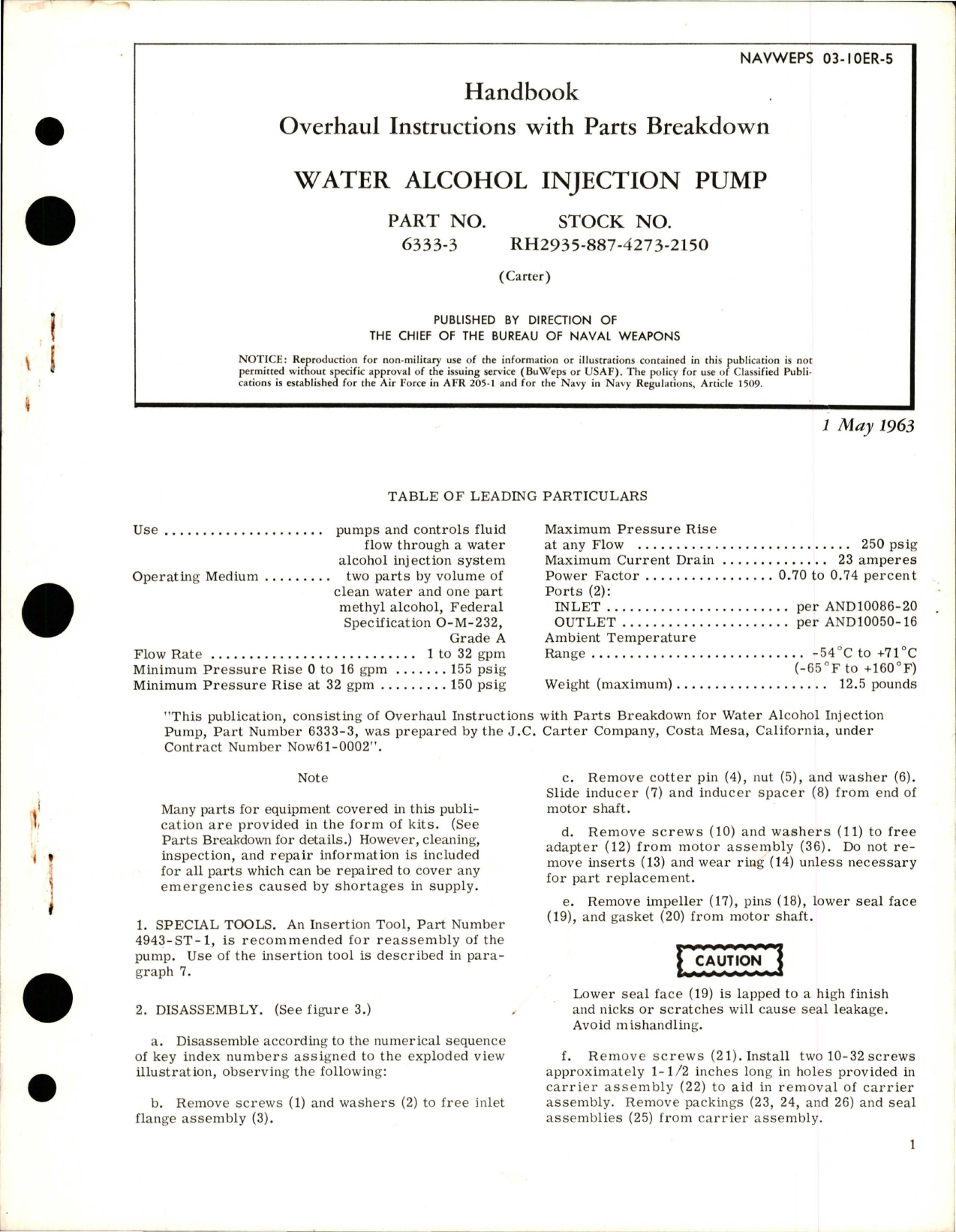 Sample page 1 from AirCorps Library document: Overhaul Instructions with Parts for Water Alcohol Injection Pump - Part 6333-3