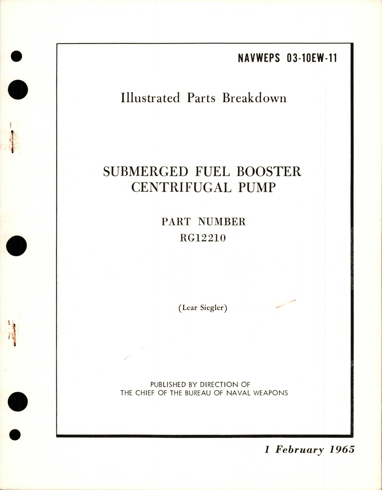 Sample page 1 from AirCorps Library document: Illustrated Parts Breakdown for Submerged Fuel Booster Centrifugal Pump - Part RG12210
