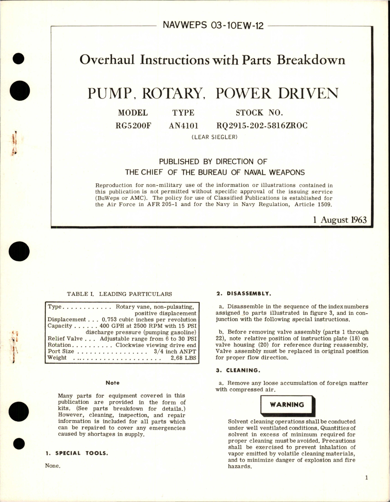 Sample page 1 from AirCorps Library document: Overhaul Instructions with Parts for Power Driven Rotary Pump - Model RG5200F - Type AN4101