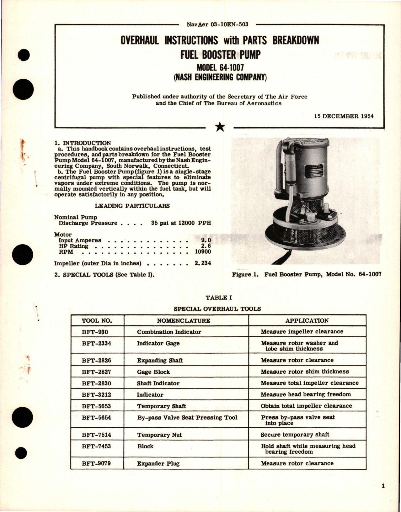 Sample page 1 from AirCorps Library document: Overhaul Instructions with Parts Breakdown for Fuel Booster Pump - Model 64-1007 
