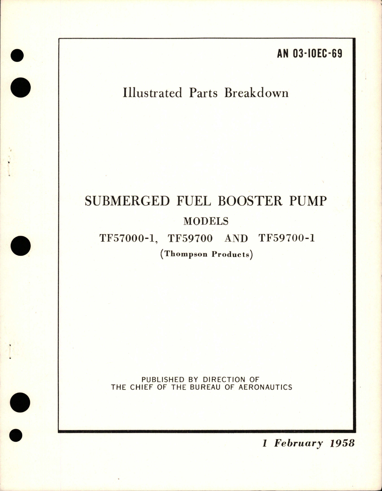 Sample page 1 from AirCorps Library document: Illustrated Parts Breakdown for Submerged Fuel Booster Pump - Models TF57000-1, TF59700, and TF59700-1