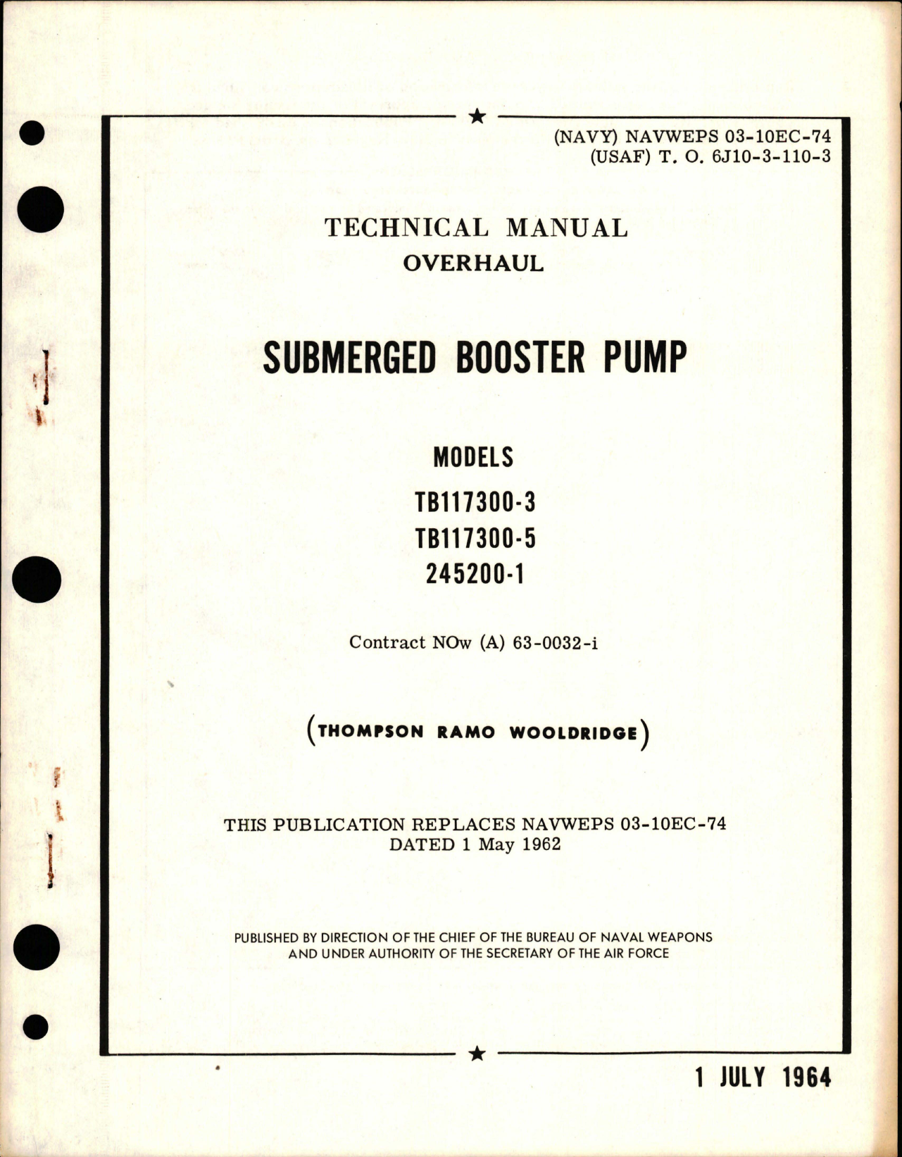 Sample page 1 from AirCorps Library document: Overhaul for Submerged Booster Pump - Models TB117300-3, TB117300-5 and 245200-1