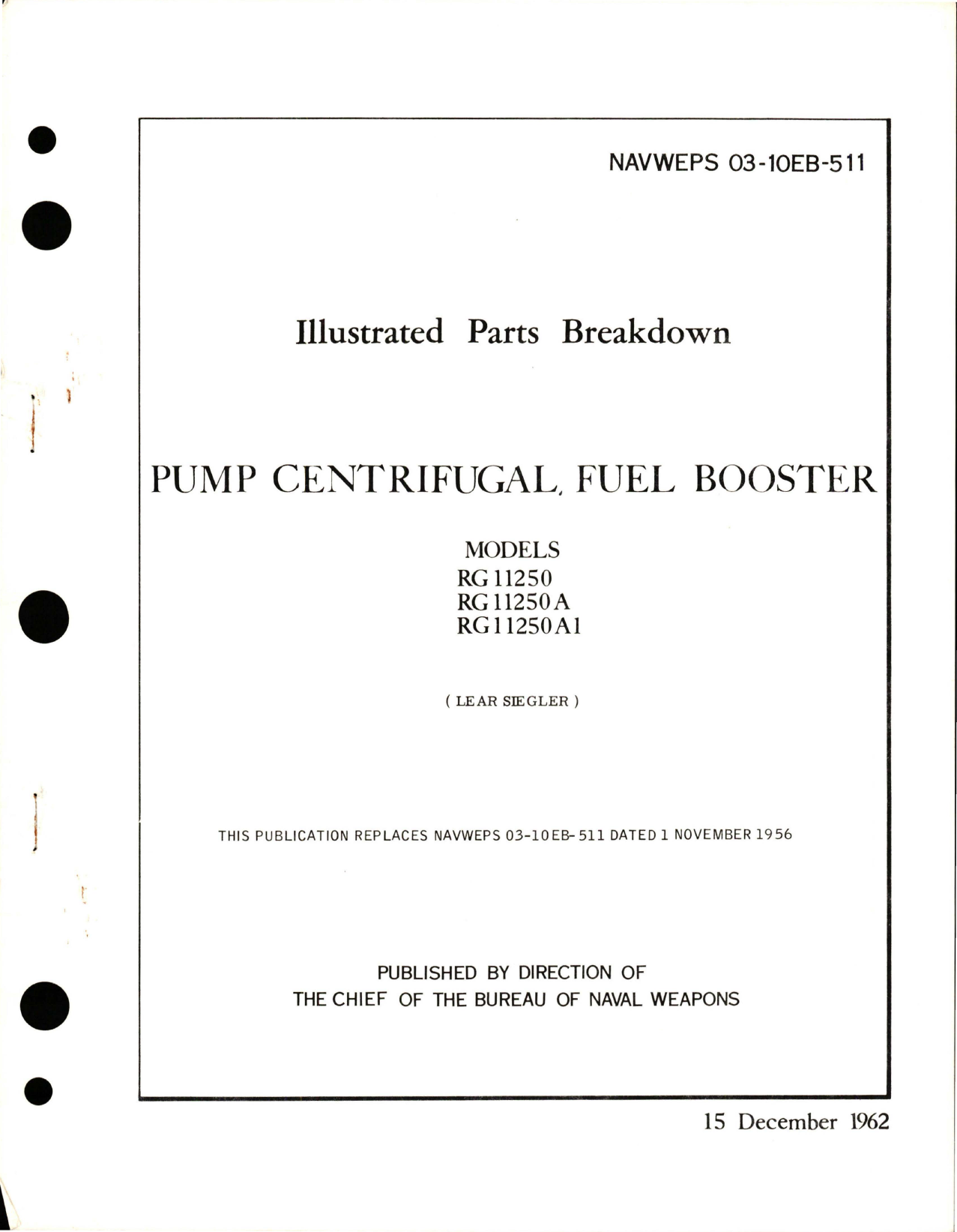 Sample page 1 from AirCorps Library document: Illustrated Parts Breakdown for Centrifugal Fuel Booster Pump - Models RG11250, RG11250A, and RG11250A1 
