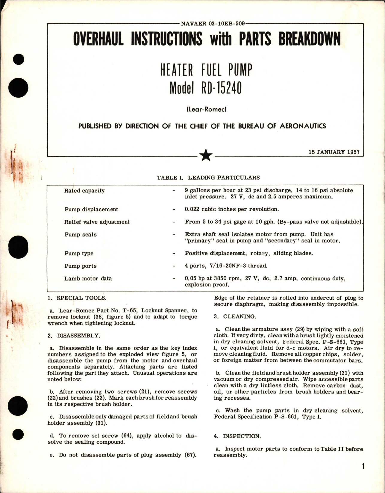 Sample page 1 from AirCorps Library document: Overhaul Instructions with Parts Breakdown for Heater Fuel Pump - Model RD-15240