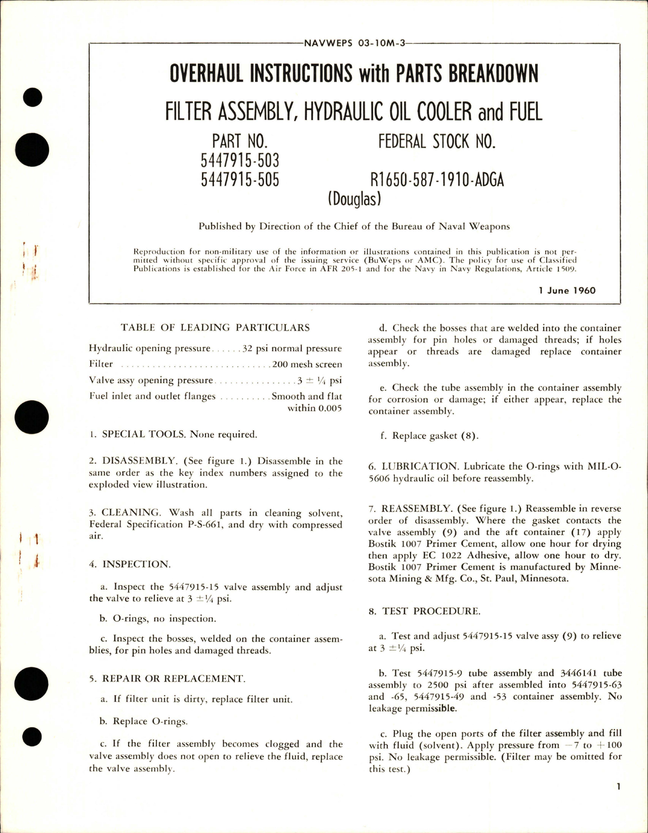 Sample page 1 from AirCorps Library document: Overhaul Instructions with Parts Breakdown for Hydraulic Oil Cooler and Fuel Filter Assembly - Parts 5447915-503 and 5447915-505
