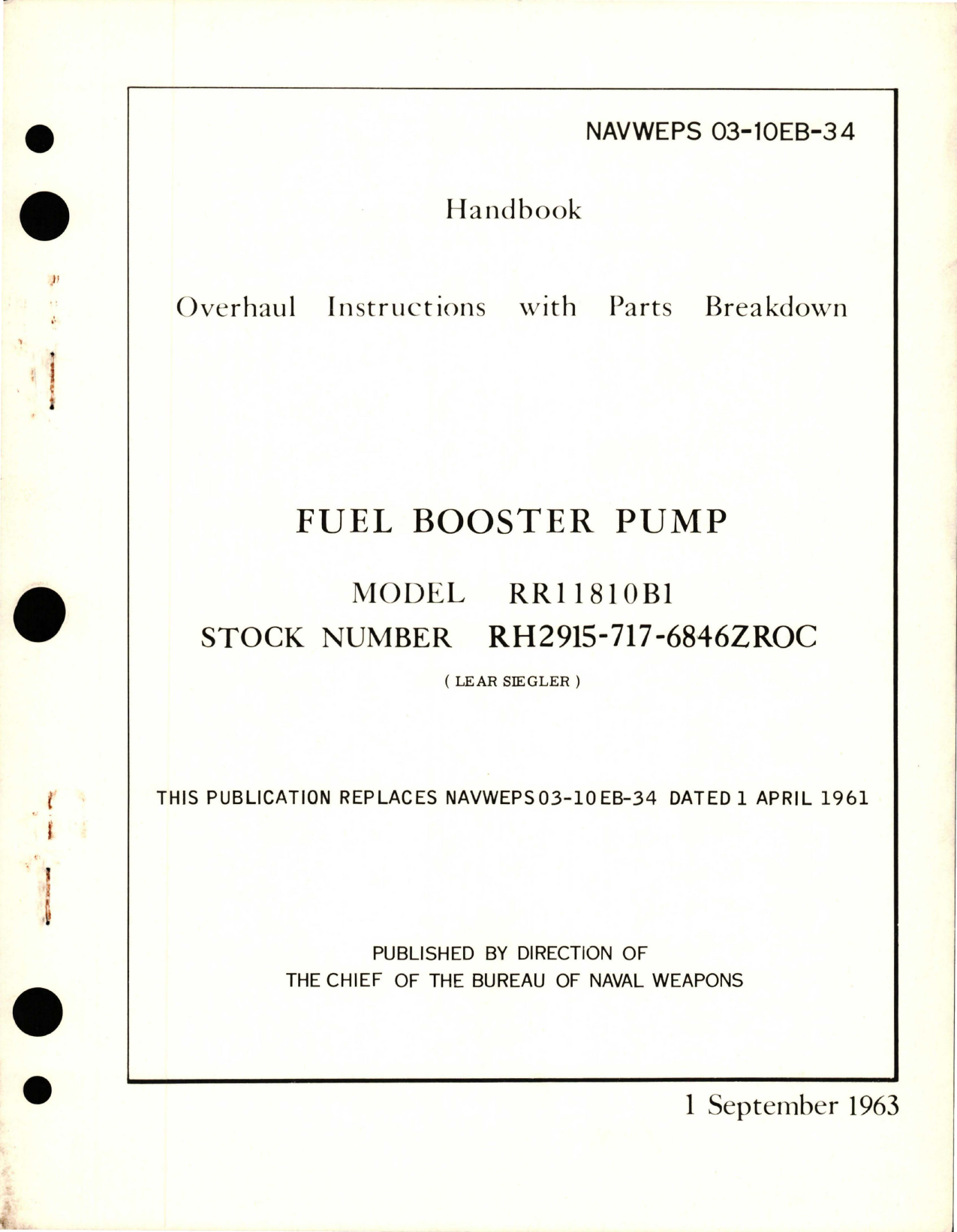 Sample page 1 from AirCorps Library document: Overhaul Instructions with Parts Breakdown for Fuel Booster Pump - Model RR11810B1