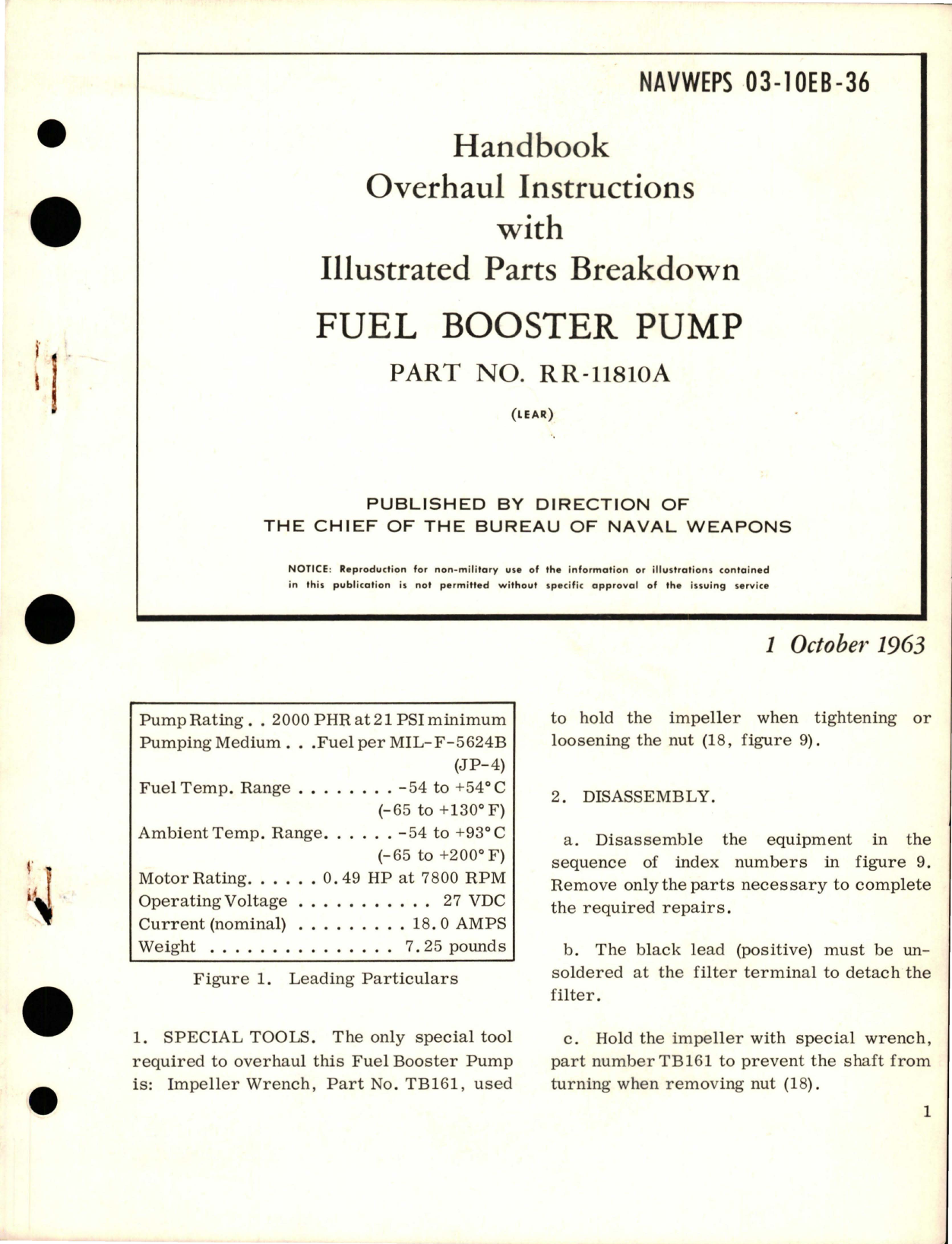 Sample page 1 from AirCorps Library document: Overhaul Instructions with Illustrated Parts Breakdown for Fuel Booster Pump - Part RR-11810A 