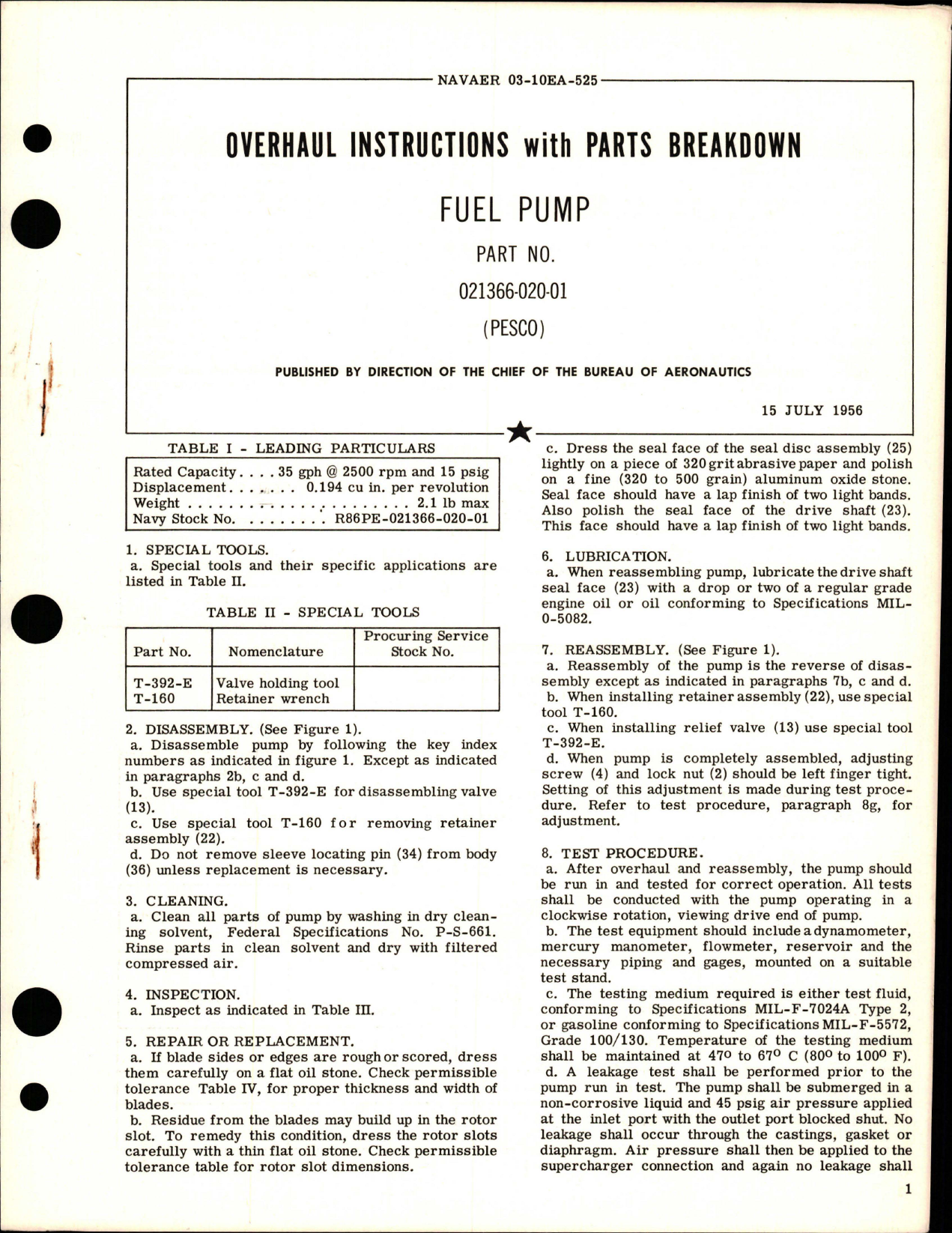 Sample page 1 from AirCorps Library document: Overhaul Instructions with Parts Breakdown for Fuel Pump - Part 021366-020-01