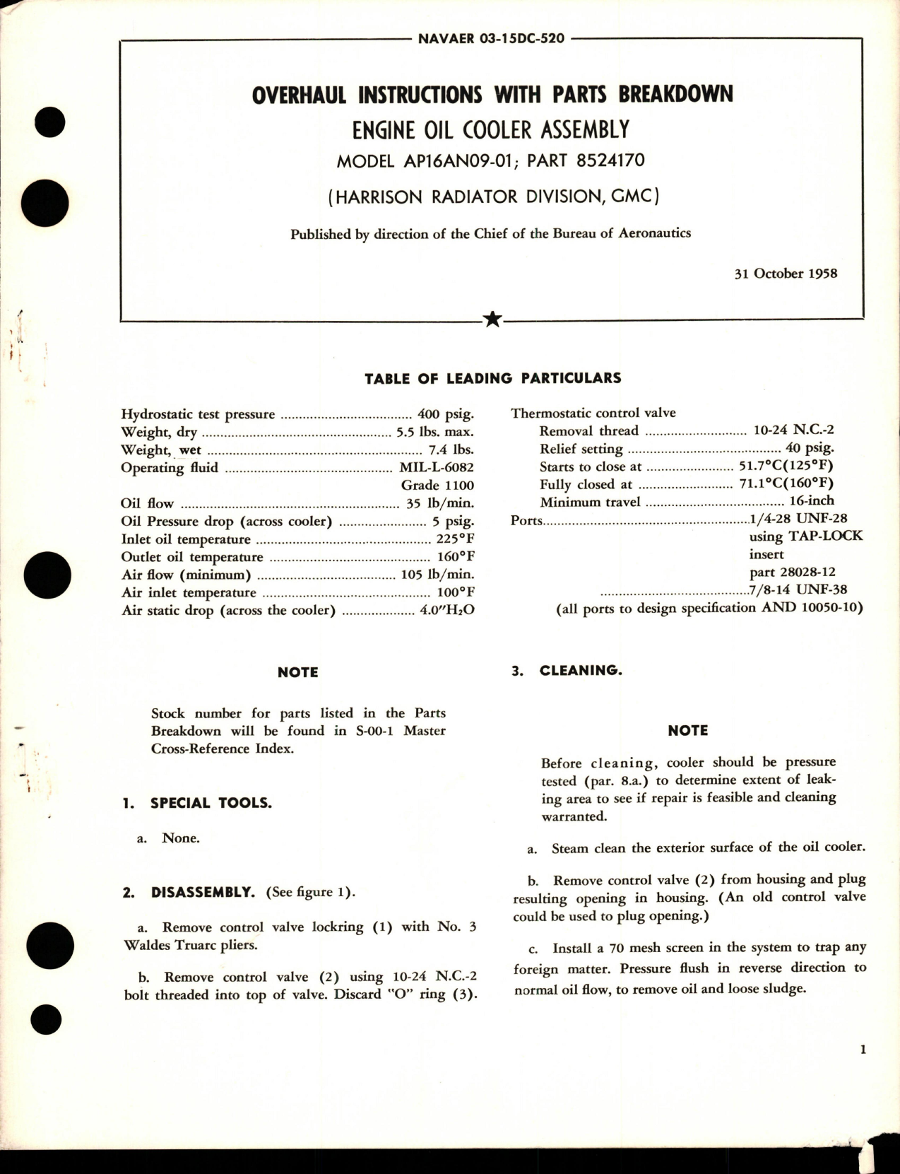 Sample page 1 from AirCorps Library document: Overhaul Instructions with Parts Breakdown for Engine Oil Cooler Assembly - Model AP16AN09-01 - Part 8524170