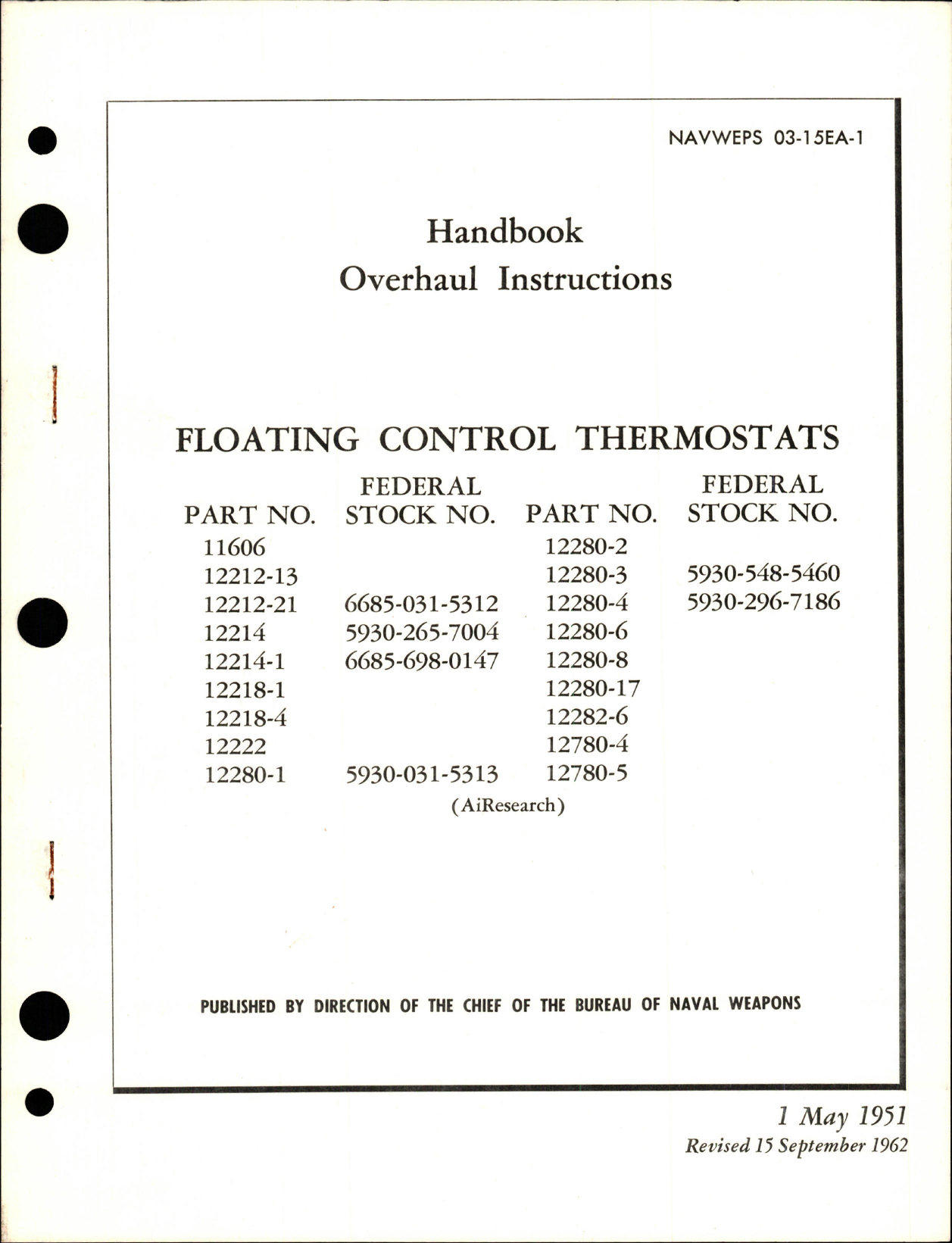 Sample page 1 from AirCorps Library document: Overhaul Instructions for Floating Control Thermostats 
