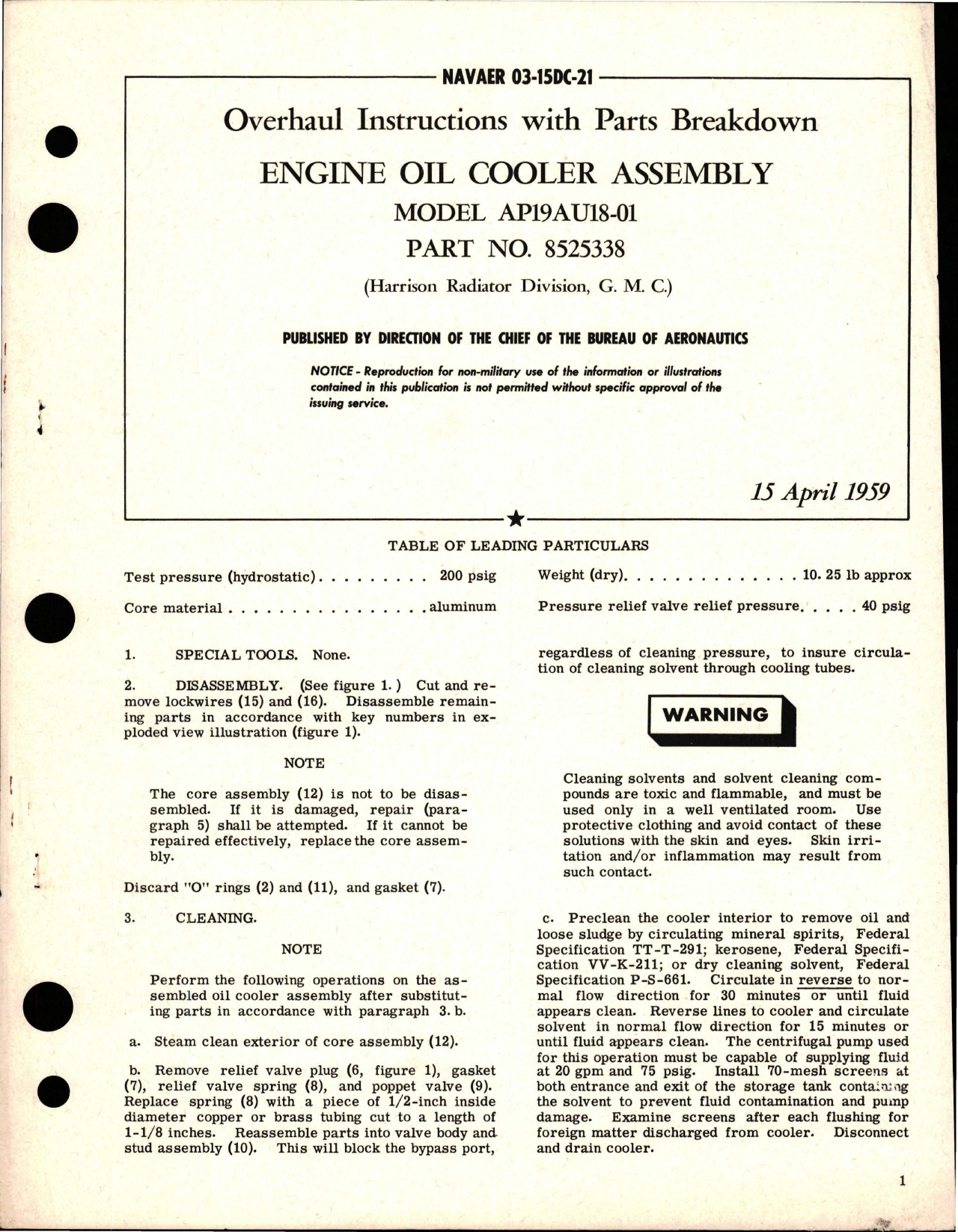 Sample page 1 from AirCorps Library document: Overhaul Instructions with Parts for Engine Oil Cooler Assembly - Model AP19AU18-01 - Part 8525338