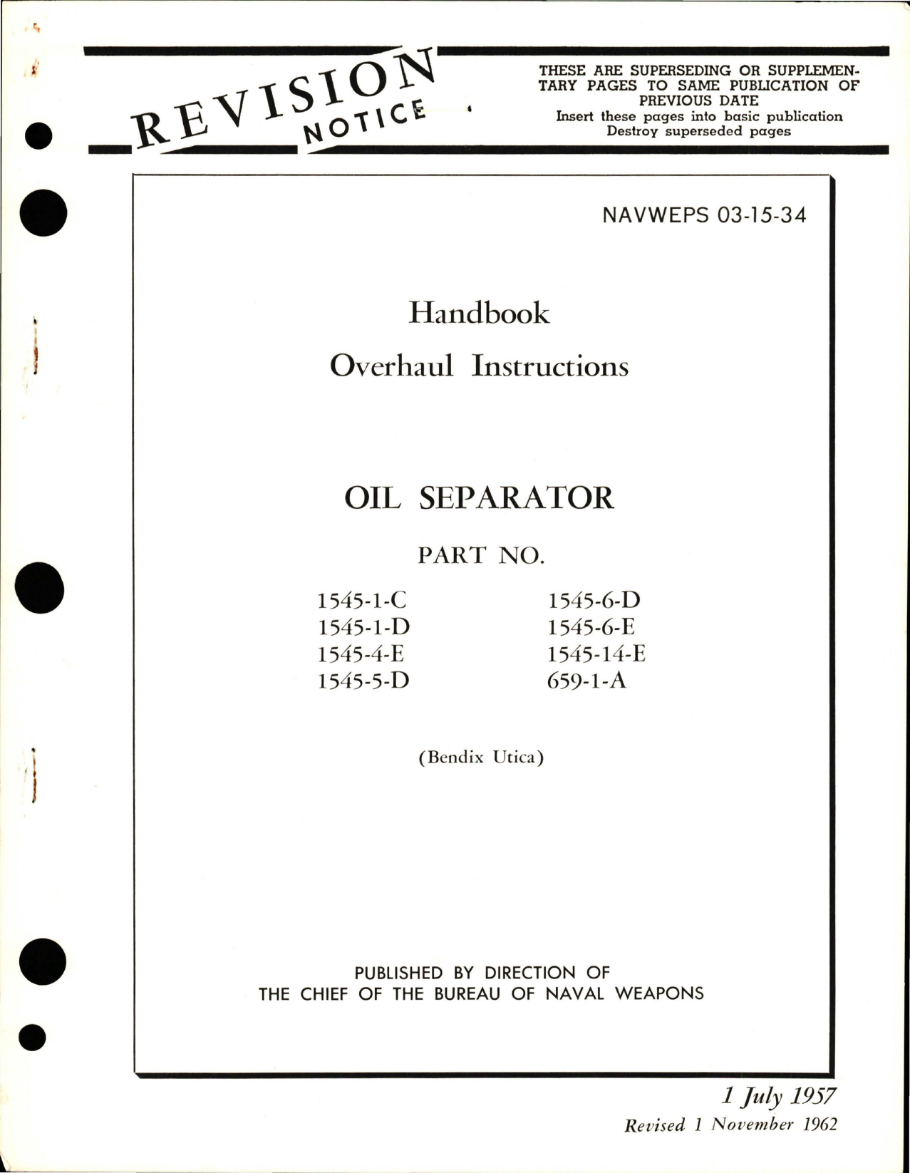 Sample page 1 from AirCorps Library document: Overhaul Instructions for Oil Separator - Parts 1545-1-C, 1545-1-D, 1545-4-E, 1545-5-D, 1545-6-D, 1545-6-E, 1545-14-E, and 659-1-A