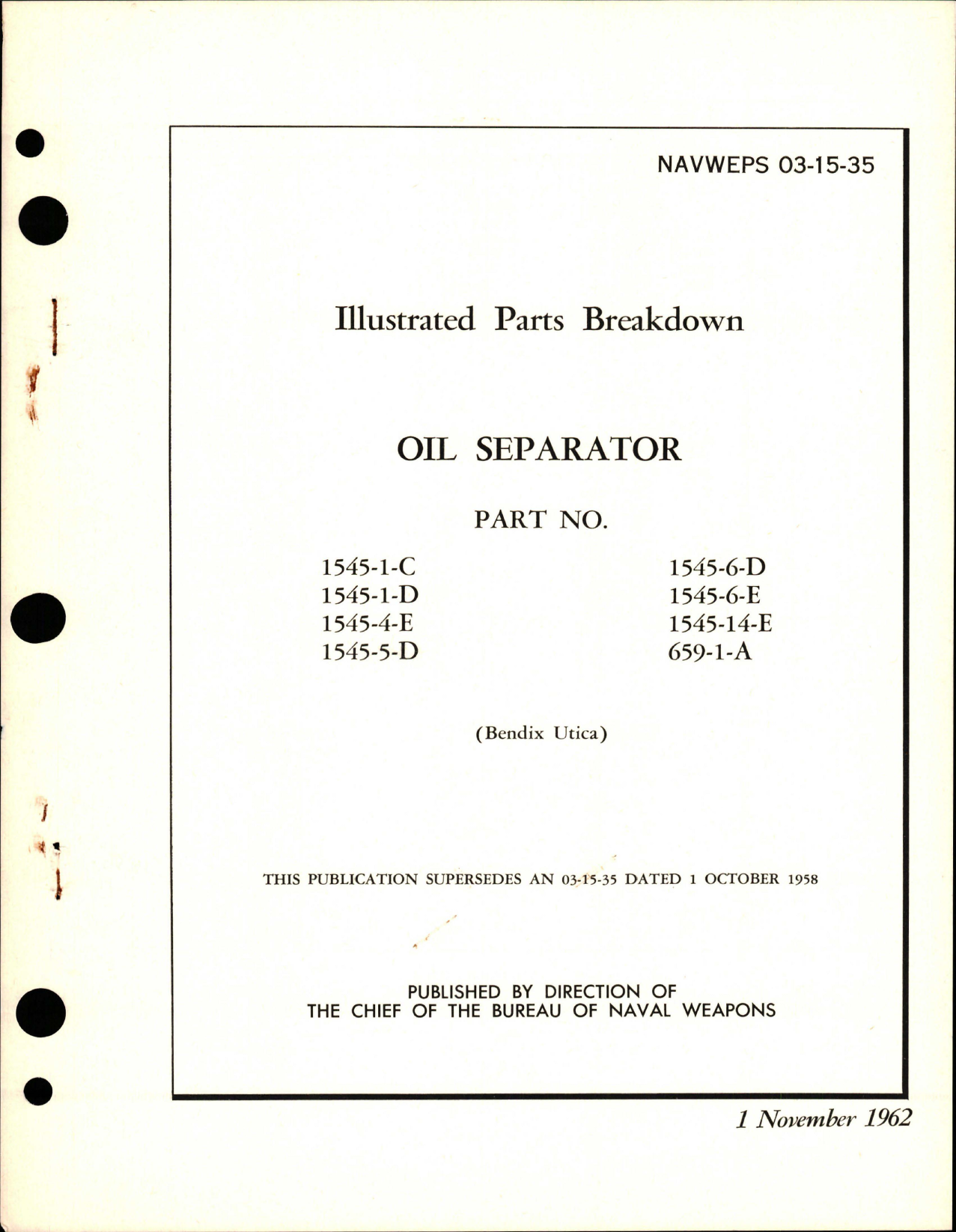 Sample page 1 from AirCorps Library document: Illustrated Parts Breakdown for Oil Separator - Parts 1545-1-C, 1545-1-D, 1545-4-E, 1545-5-D, 1545-6-D, 1545-6-E, 1545-14-E, 659-1-A