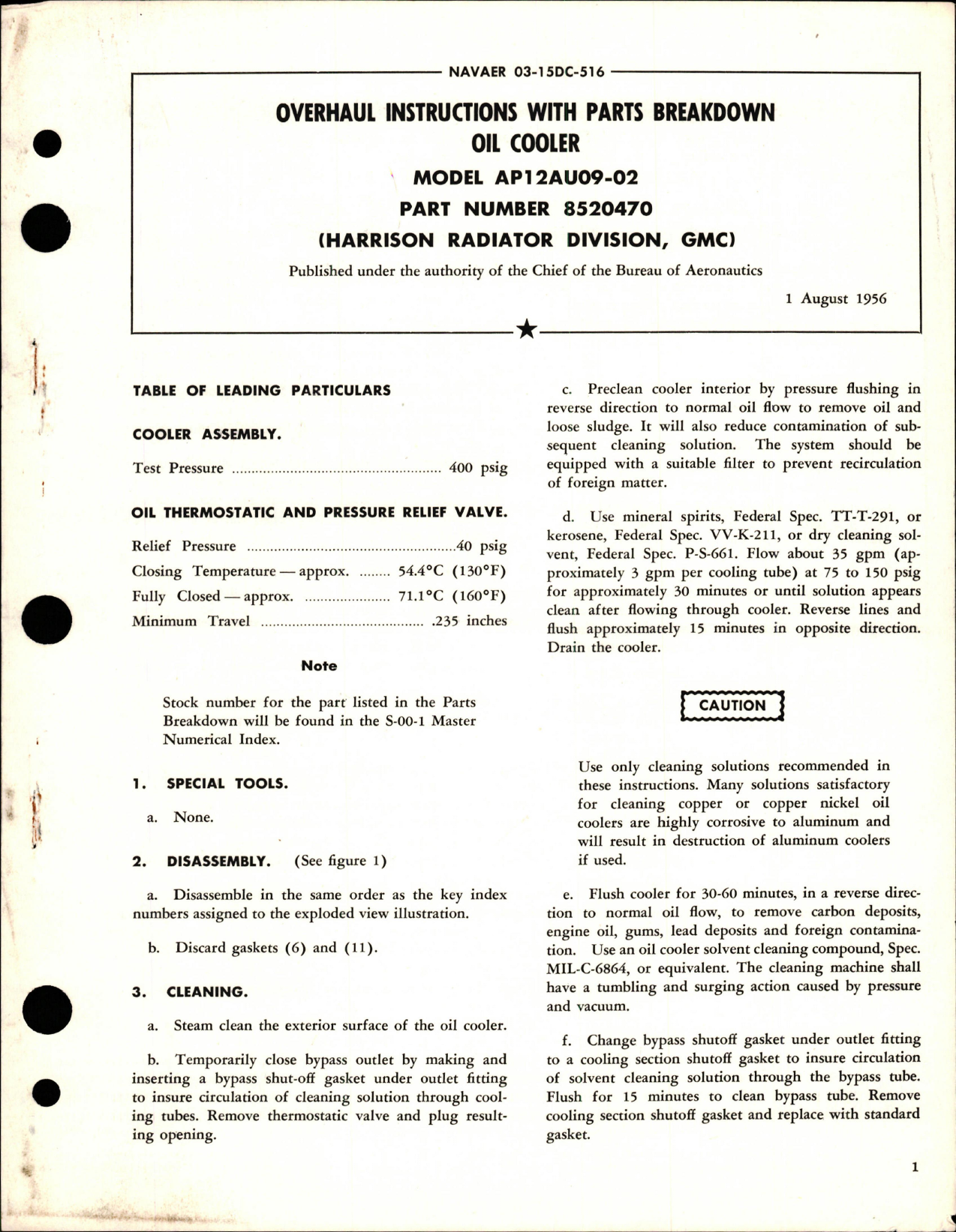 Sample page 1 from AirCorps Library document: Overhaul Instructions with Parts Breakdown Oil Cooler - Model AP12AU09-02 - Part 8520470