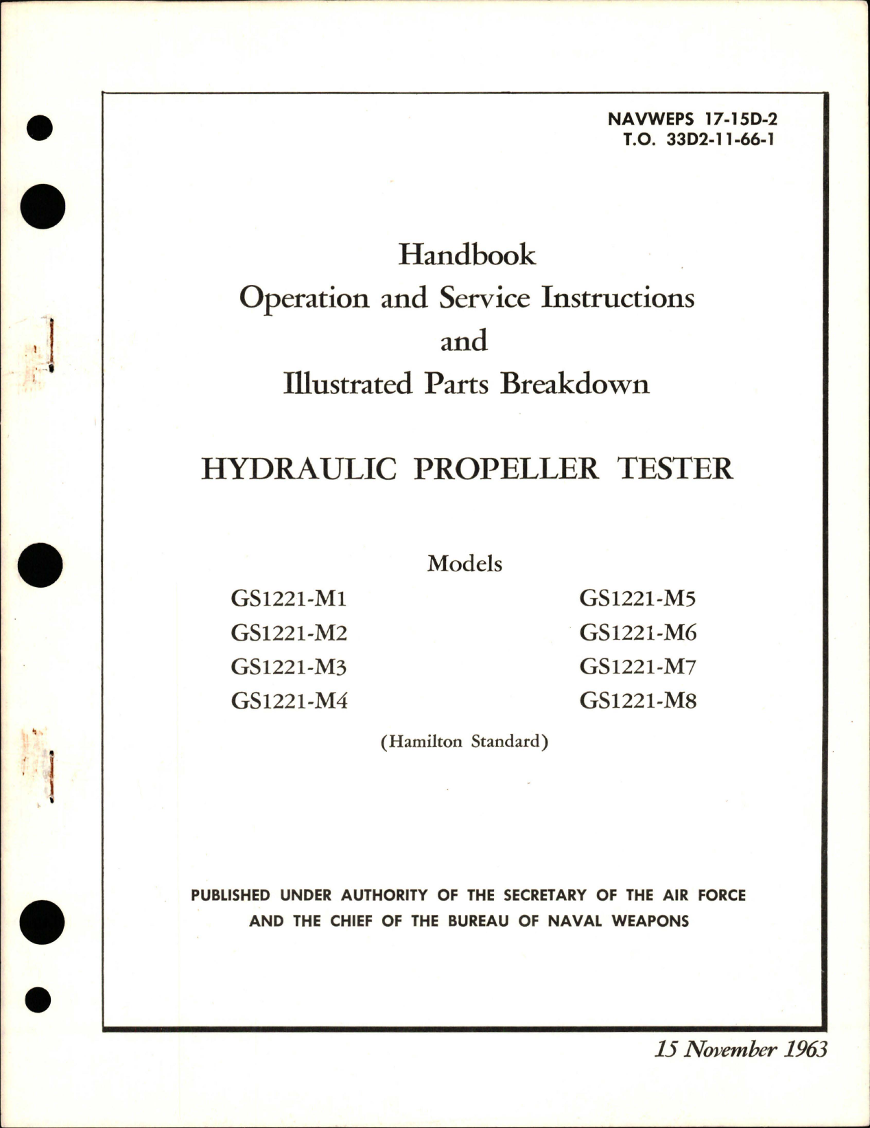Sample page 1 from AirCorps Library document: Operation, Service Instructions and Illustrated Parts Breakdown for Hydraulic Propeller Testing 