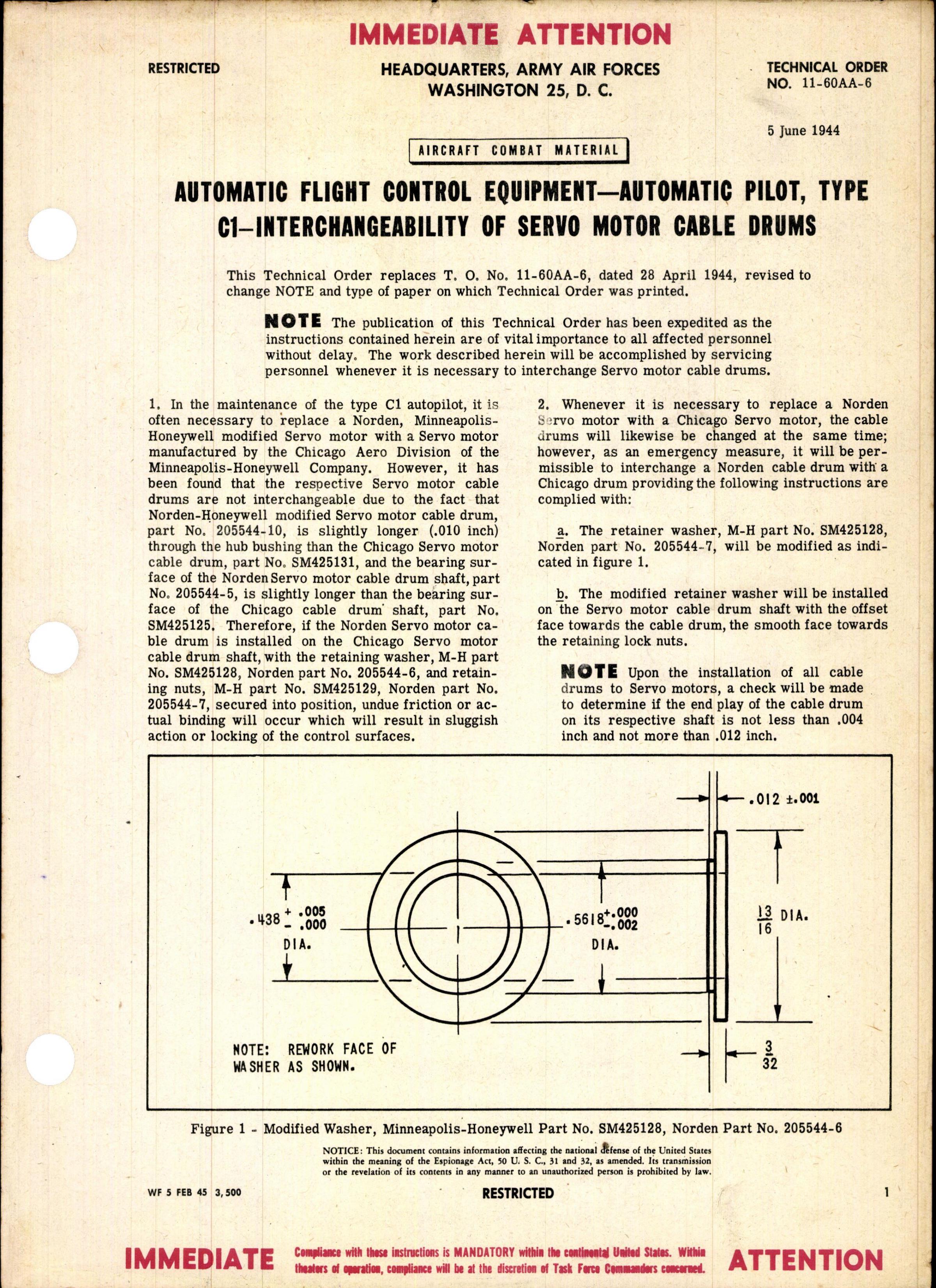 Sample page 1 from AirCorps Library document: Automatic Pilot Type C1 Interchangeability of Cable Drums