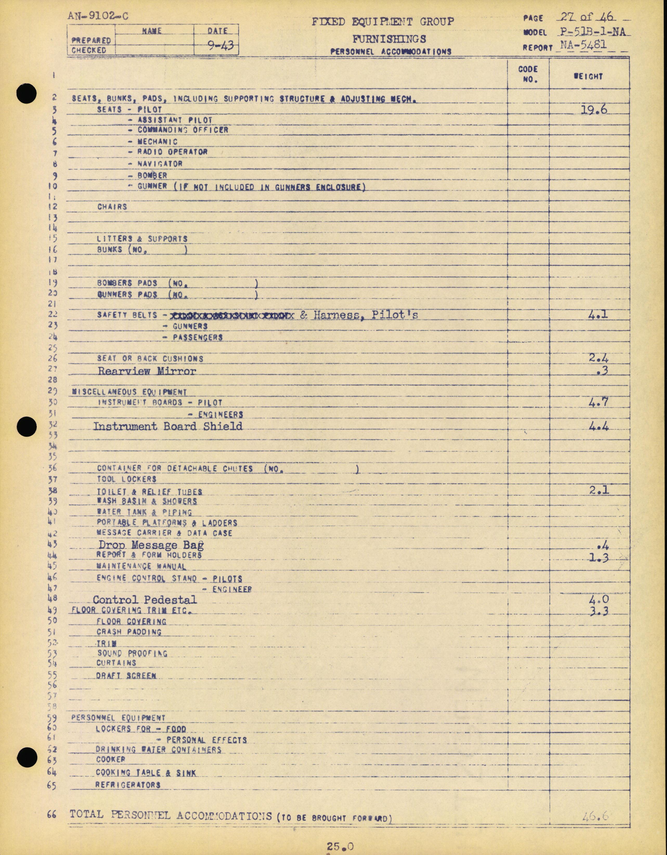 Sample page 29 from AirCorps Library document: Actual Weight & Balance Report - P-51B - North American Engineering Dept