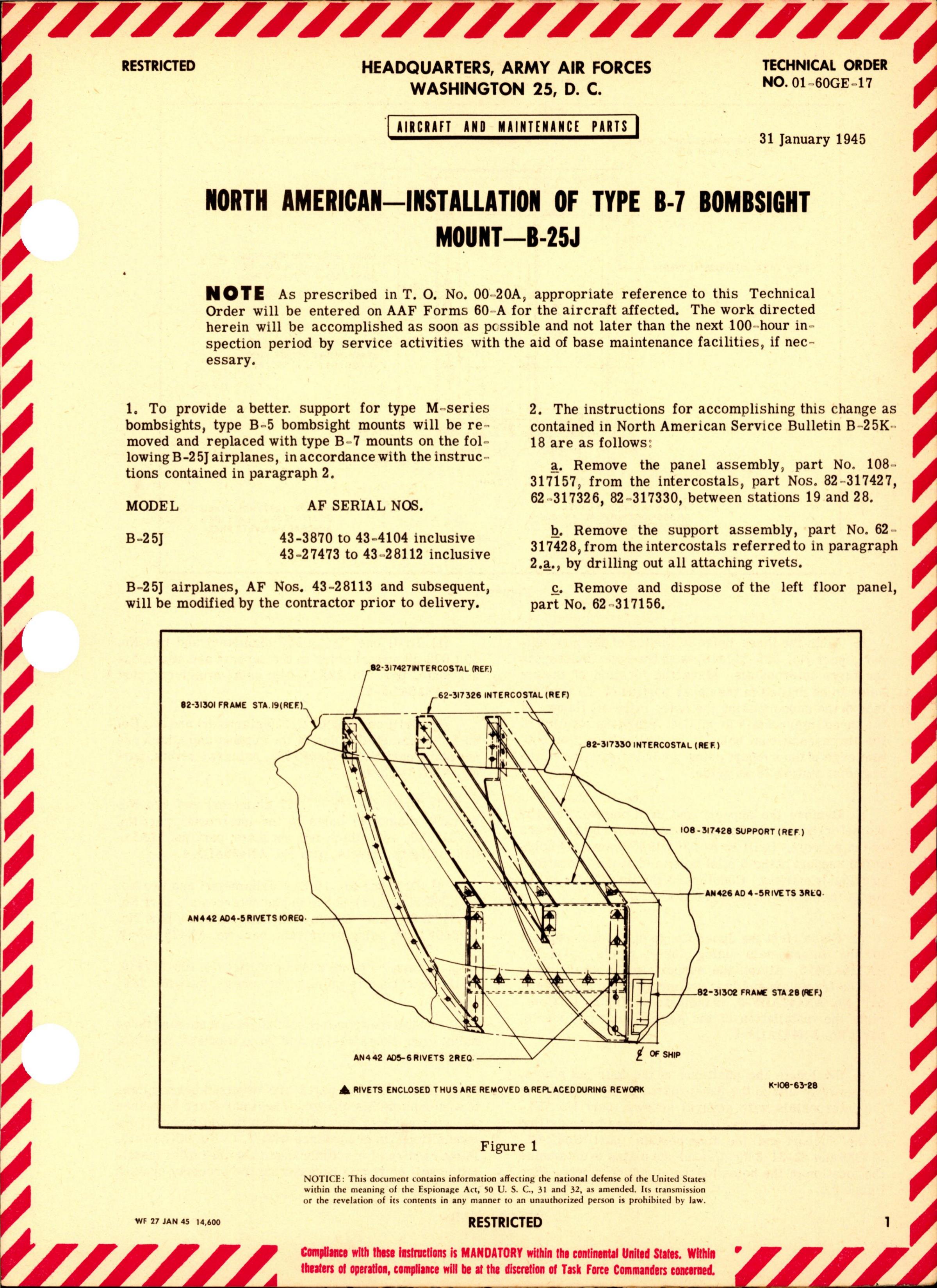Sample page 1 from AirCorps Library document: Installation of Type B-7 Bombsight Mount for B-25J
