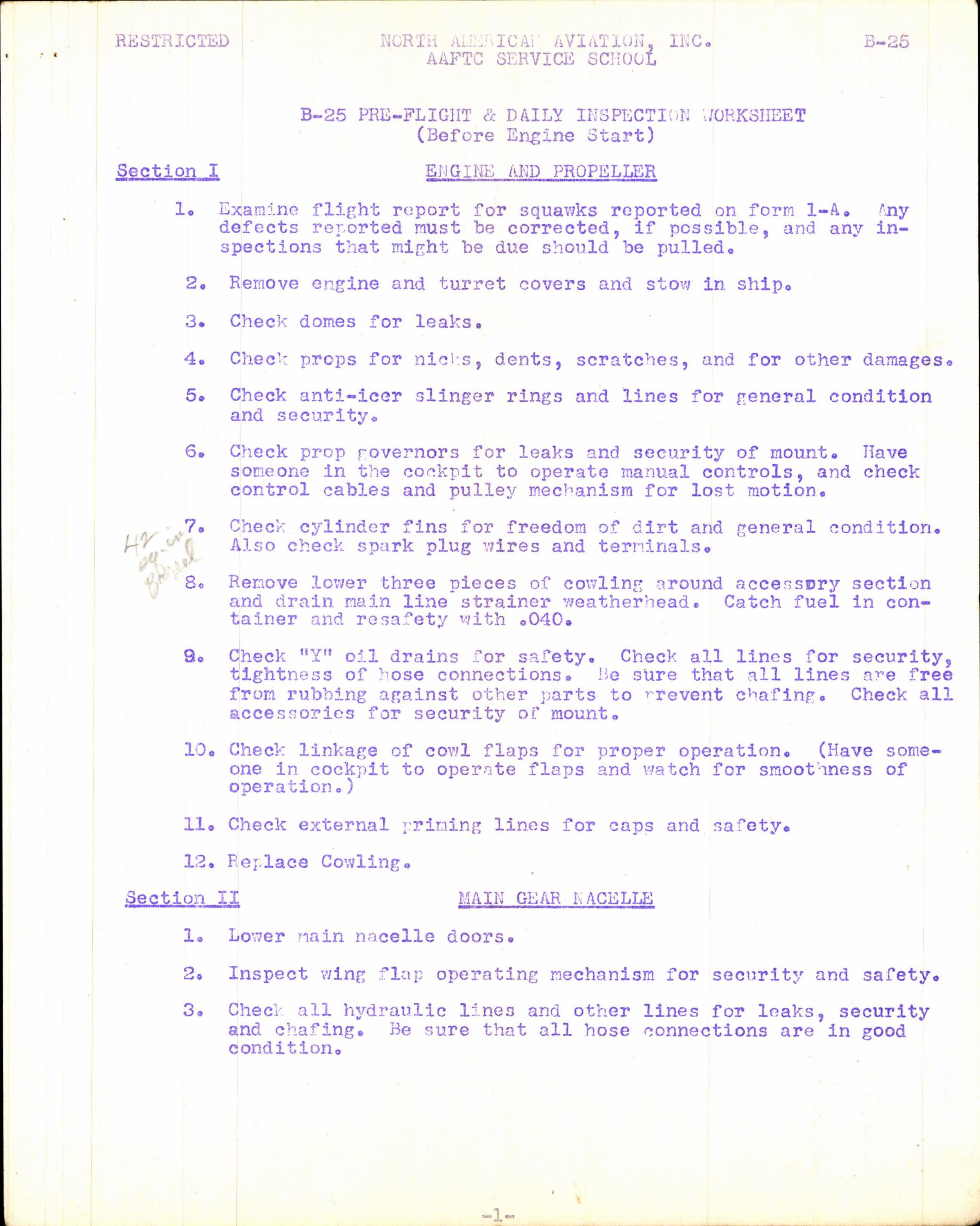 Sample page 3 from AirCorps Library document: Pre-Flight and Daily Inspection for B-25