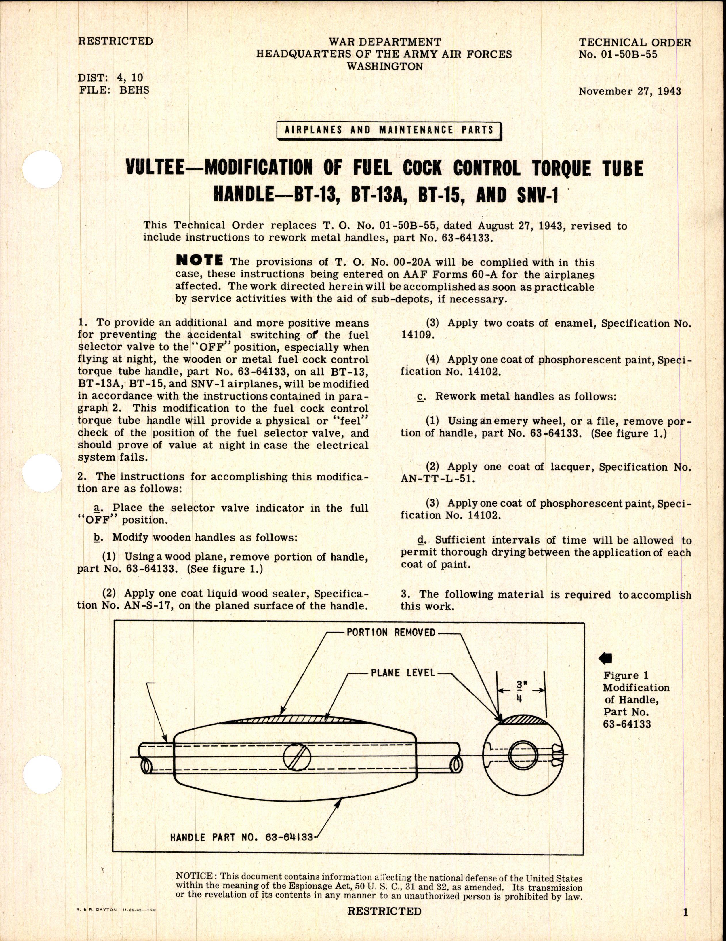 Sample page 1 from AirCorps Library document: Modification of Fuel Cock Control Torque Tube Handle for BT-13, BT-13A, BT-15 and SNV-1