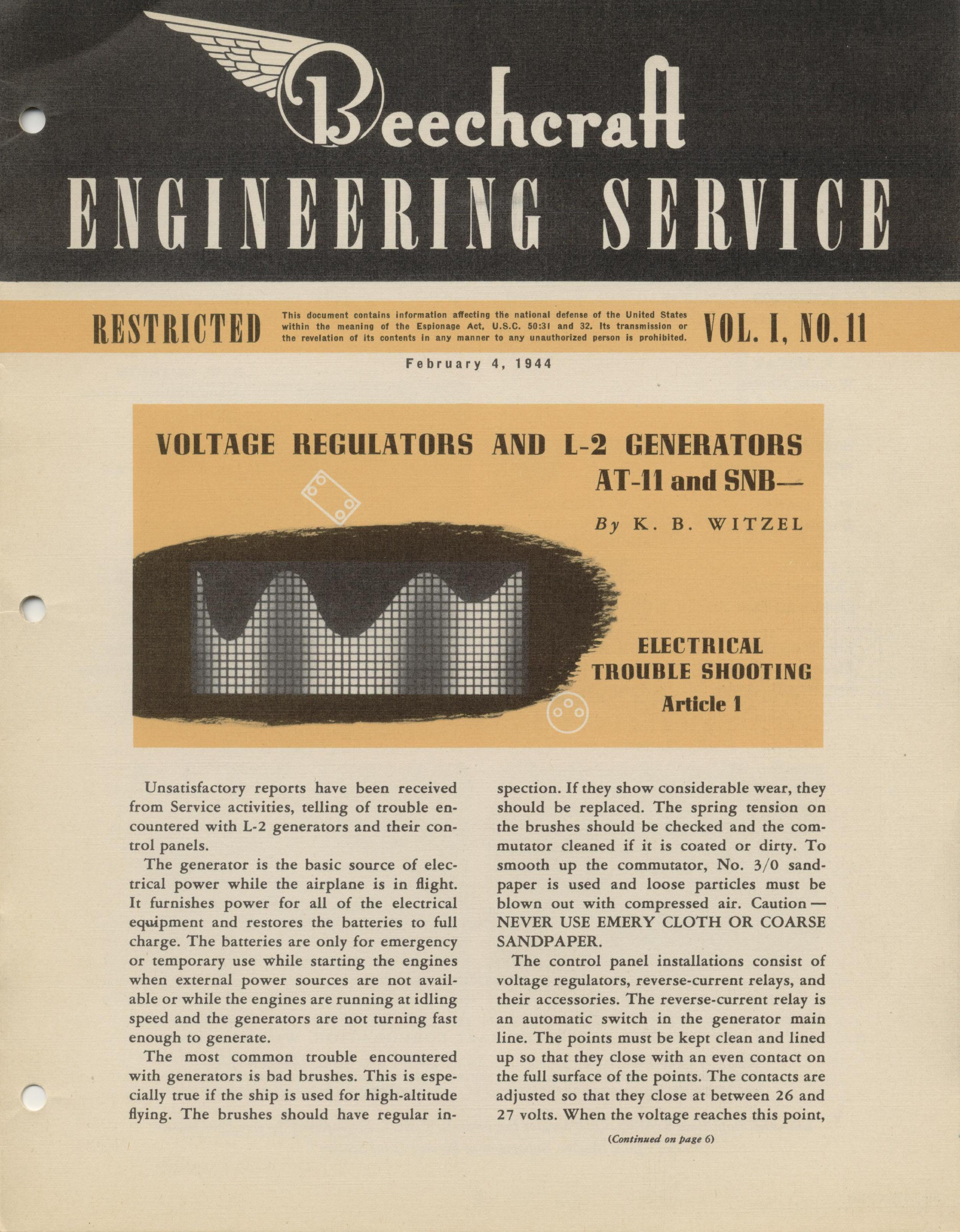 Sample page 1 from AirCorps Library document: Vol. I, No. 11 - Beechcraft Engineering Service