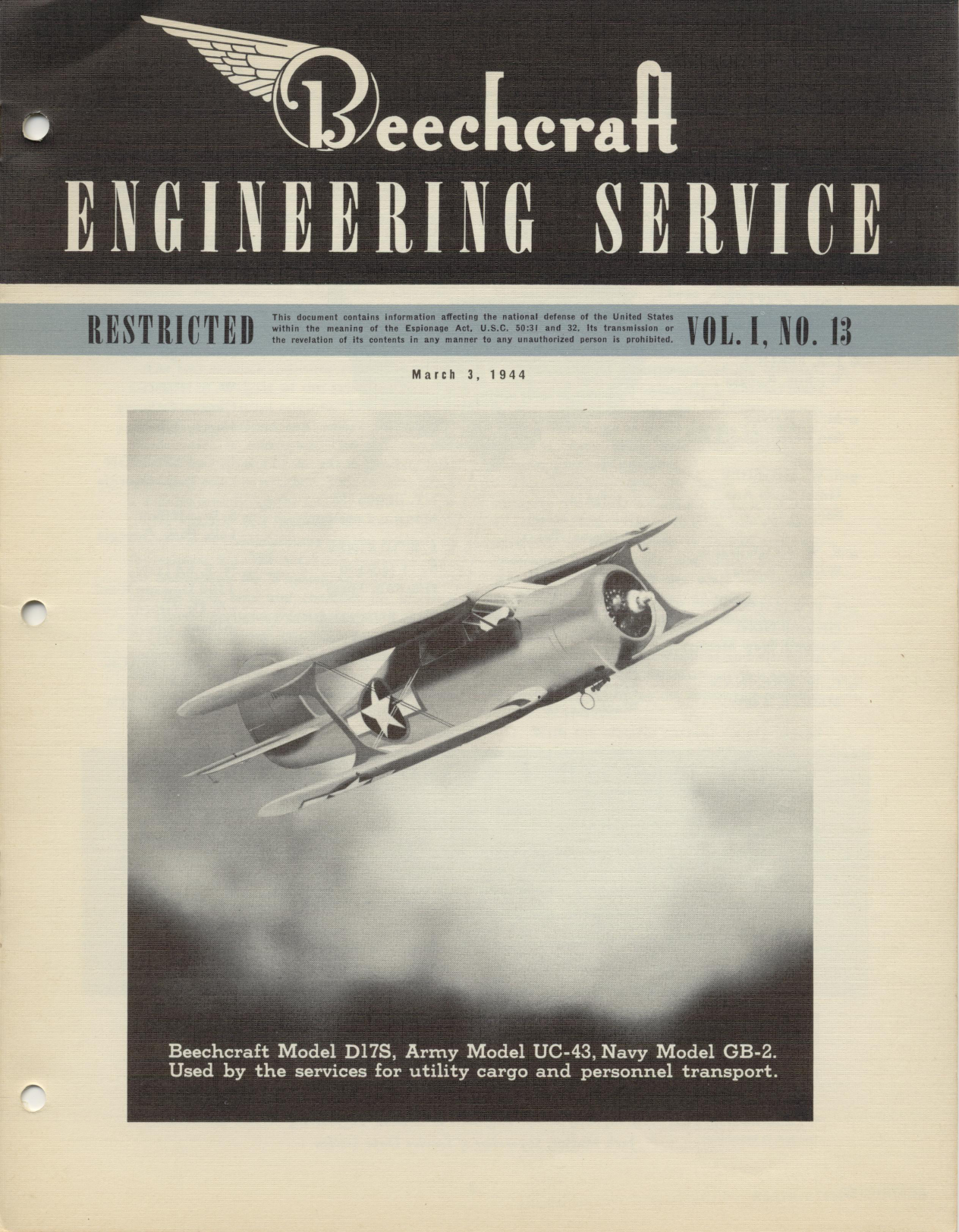 Sample page 1 from AirCorps Library document: Vol. I, No. 13 - Beechcraft Engineering Service