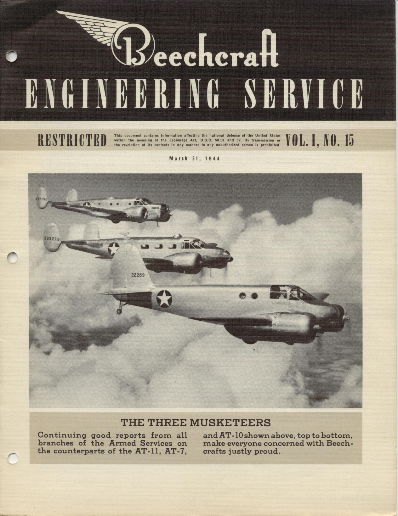 Sample page 1 from AirCorps Library document: Vol. I, No. 15 - Beechcraft Engineering Service