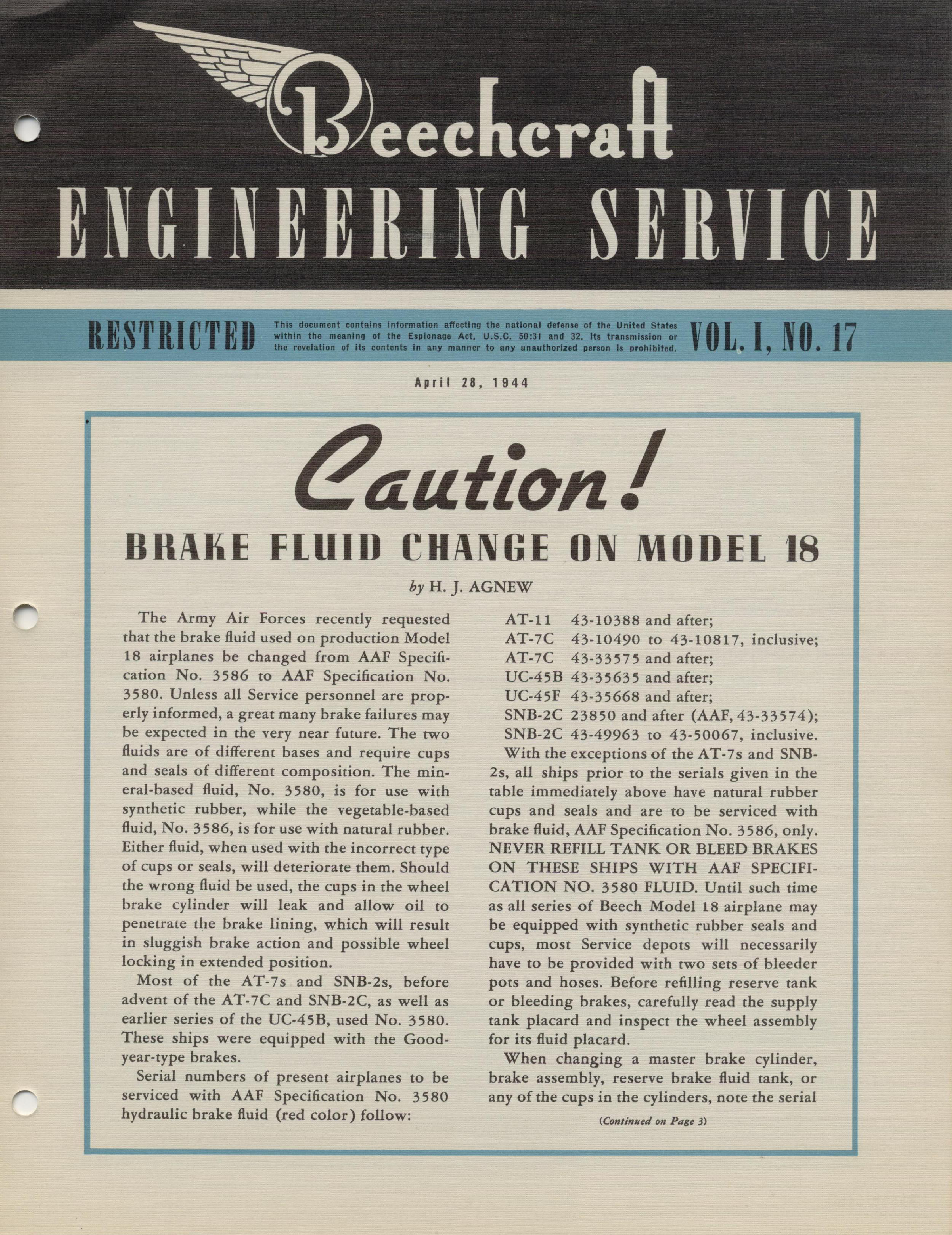 Sample page 1 from AirCorps Library document: Vol. I, No. 17 - Beechcraft Engineering Service