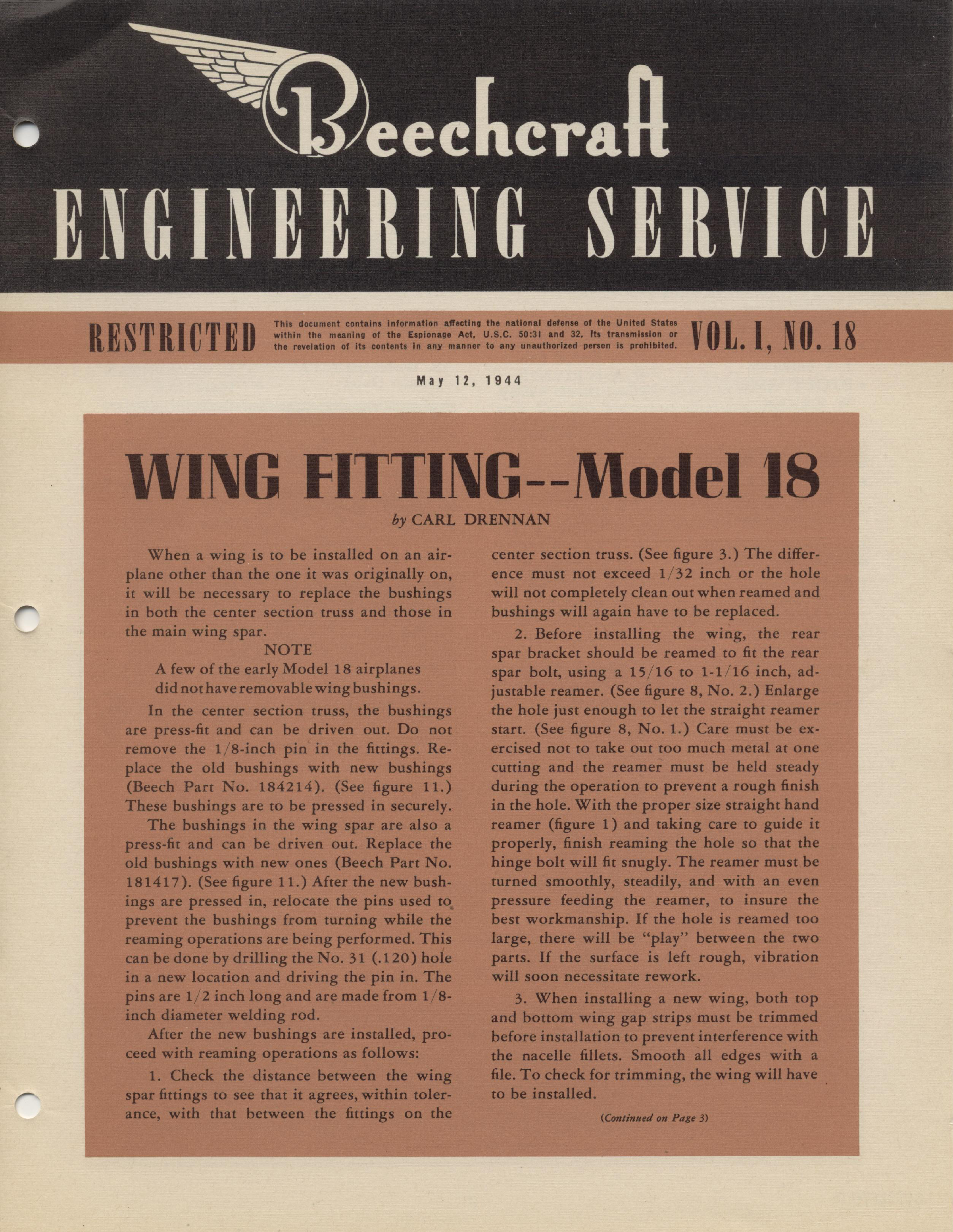 Sample page 1 from AirCorps Library document: Vol. I, No. 18 - Beechcraft Engineering Service