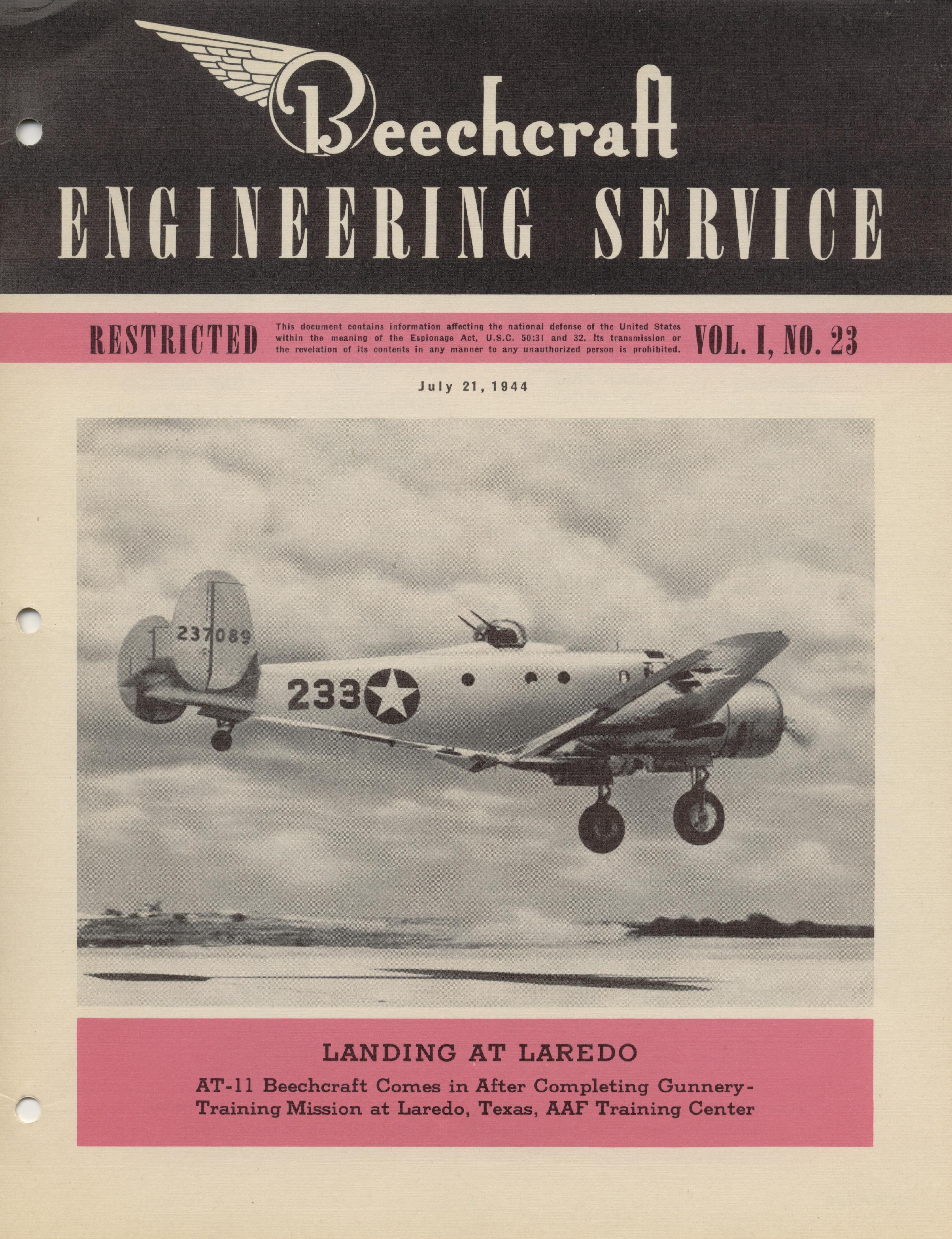 Sample page 1 from AirCorps Library document: Vol. I, No. 23 - Beechcraft Engineering Service