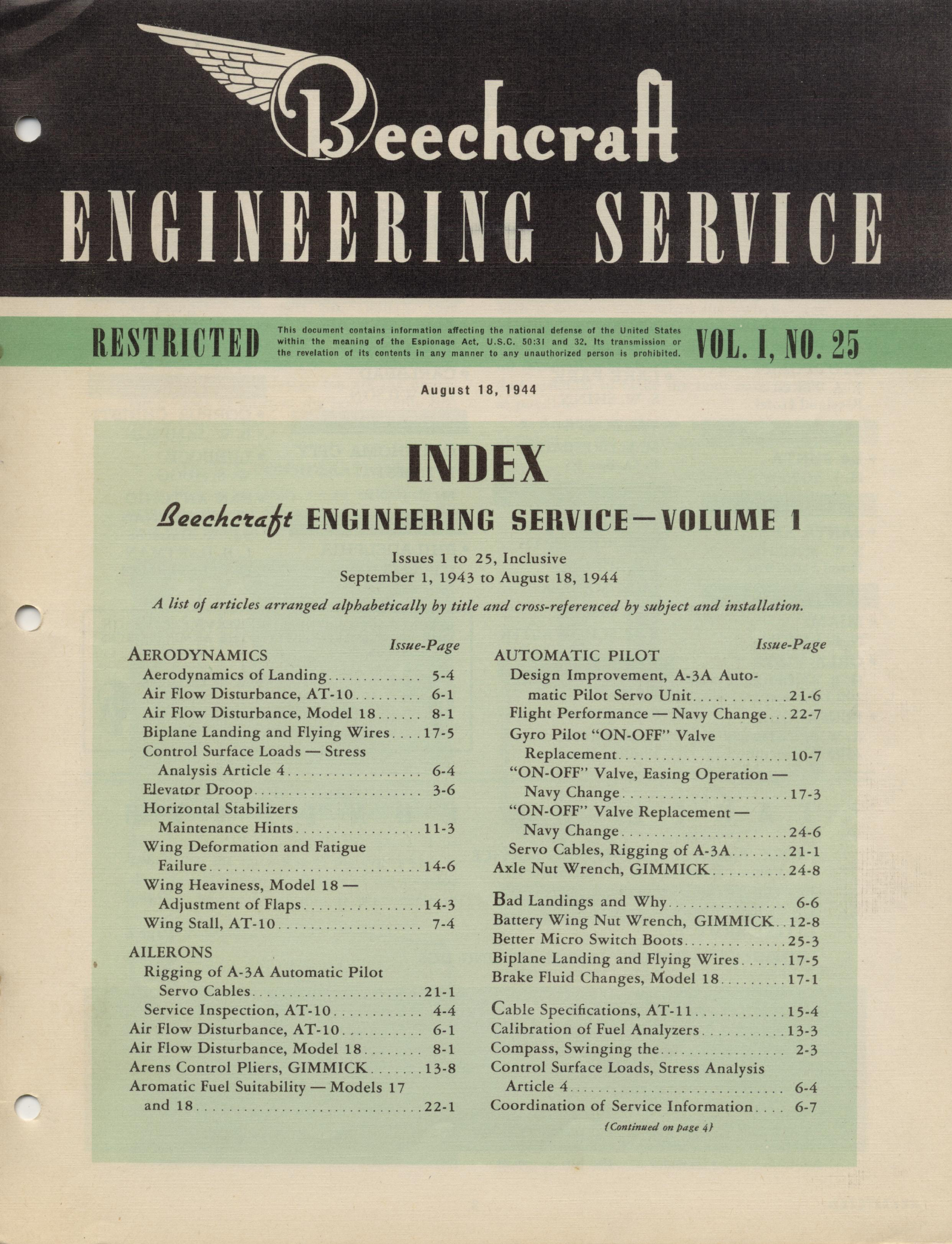 Sample page 1 from AirCorps Library document: Vol. I, No. 25 - Beechcraft Engineering Service