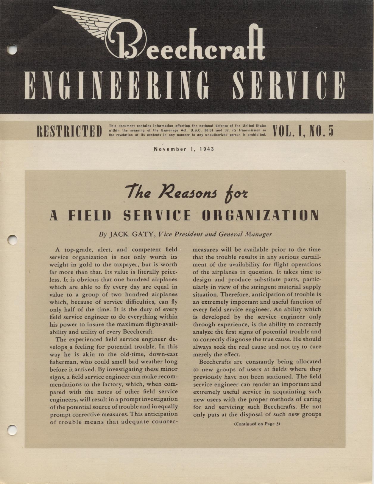 Sample page 1 from AirCorps Library document: Vol. I, No. 5 - Beechcraft Engineering Service