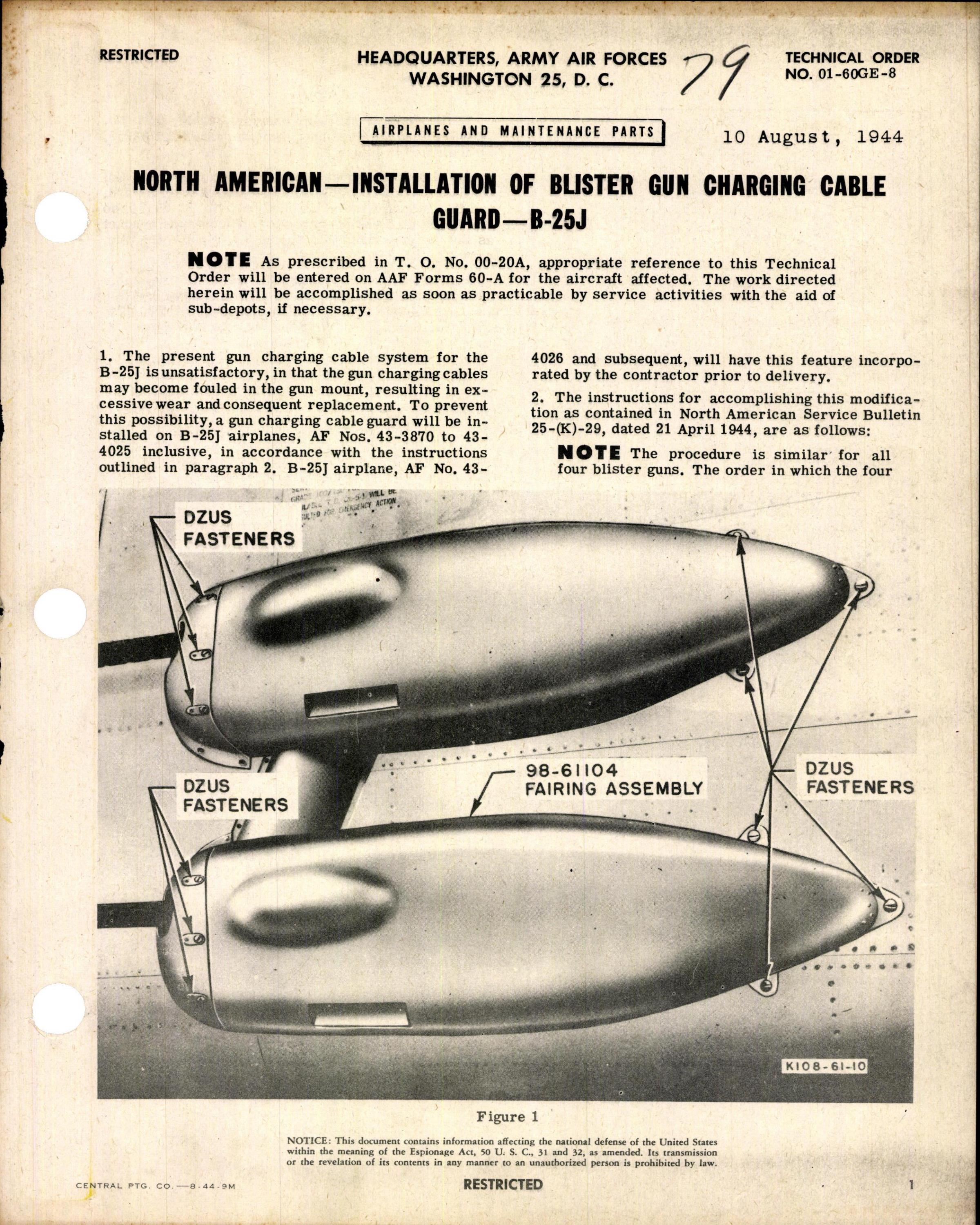 Sample page 1 from AirCorps Library document: Installation of Blister Gun Charging Cable Guard for B-25J