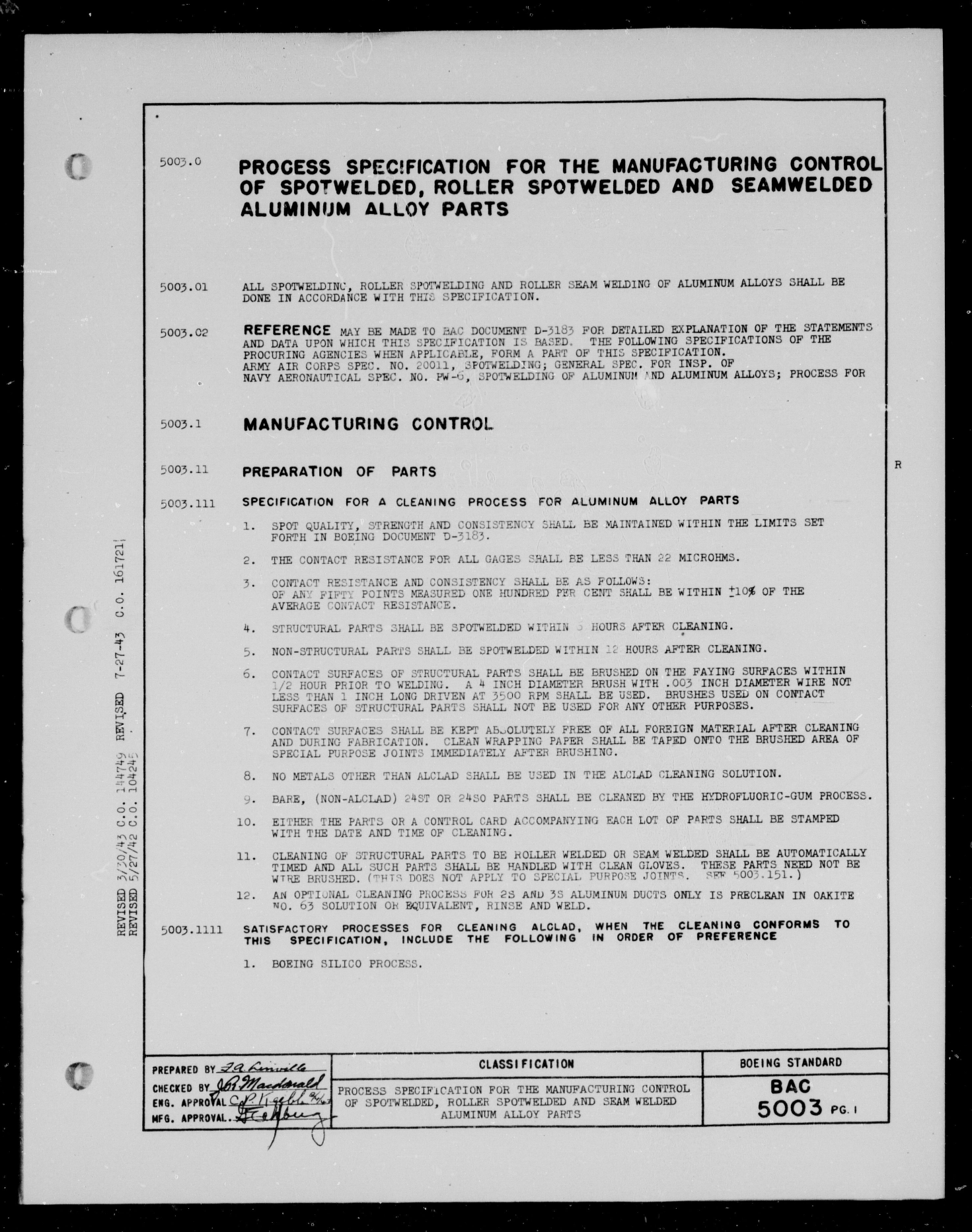 Sample page 1 from AirCorps Library document: Manufacturing Control of Spotwelded, Roller Spotwelded and Seam Welded Aluminum Alloy Parts